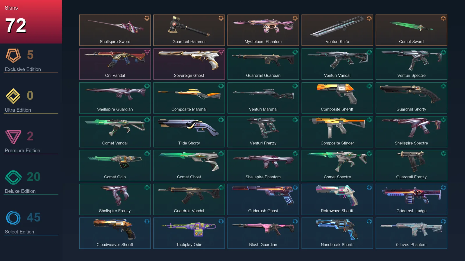 EU | Lv239 | Unranked | 72 Skin | 26 Agent | 105 Buddy — Guardrail Hammer