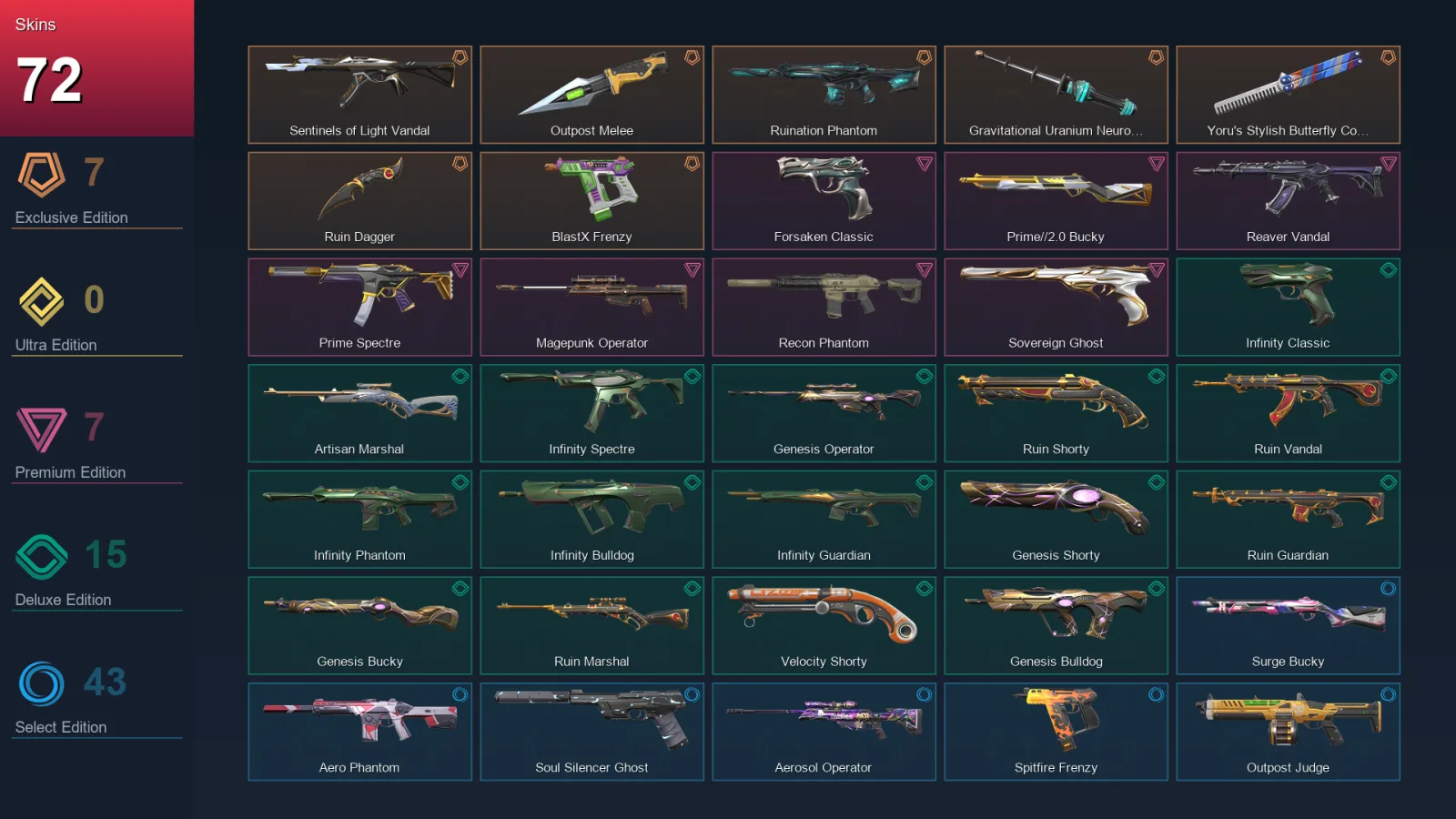 LA | Sentinels of Light Vandal | Outpost Melee | Ruination Phantom | Gravitational Uranium Neuroblaster Baton | 72 Skin | 27 Agent | 111 Buddy | Lv269