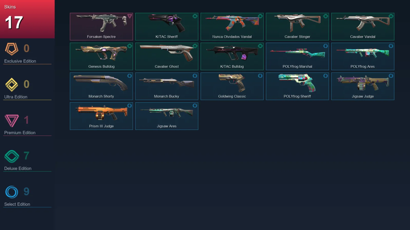 NA | Forsaken Spectre | K/TAC Sheriff | Nunca Olvidados Vandal | Cavalier Stinger | 17 Skin | 8 Agent | 15 Buddy | Lv24