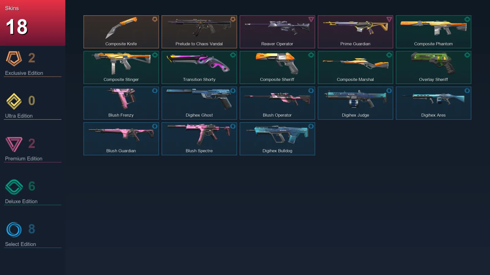 AP | Composite Knife | Prelude to Chaos Vandal | Reaver Operator | Prime Guardian | 18 Skin | 27 Agent | 52 Buddy | Lv126