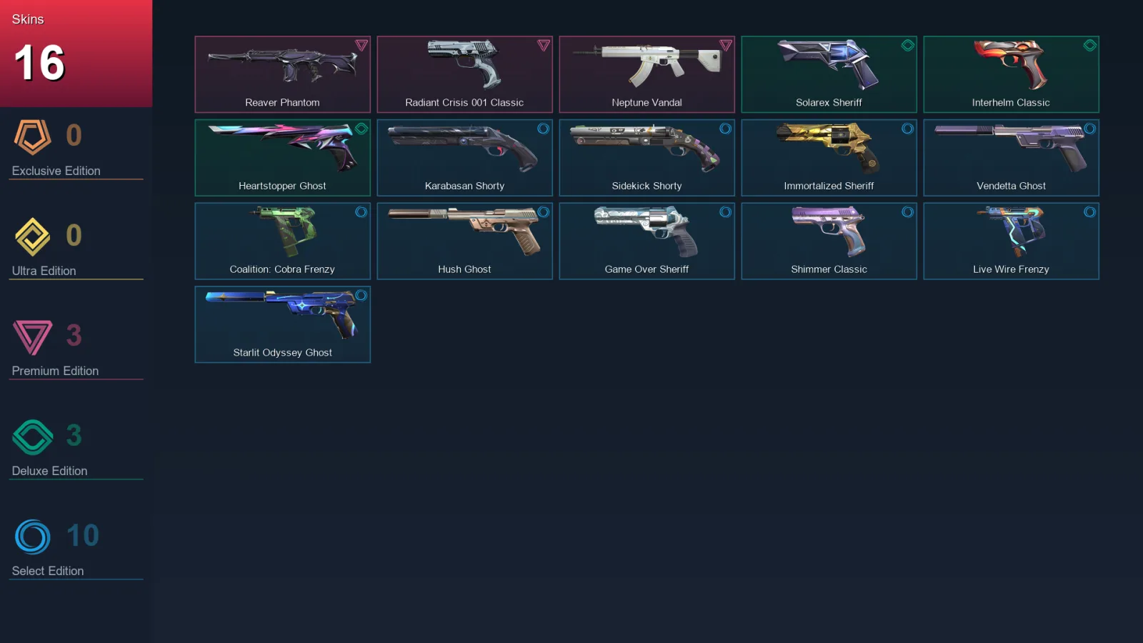 LA | Reaver Phantom | Radiant Crisis 001 Classic | Neptune Vandal | Solarex Sheriff | 16 Skin | 27 Agent | 73 Buddy | Lv200