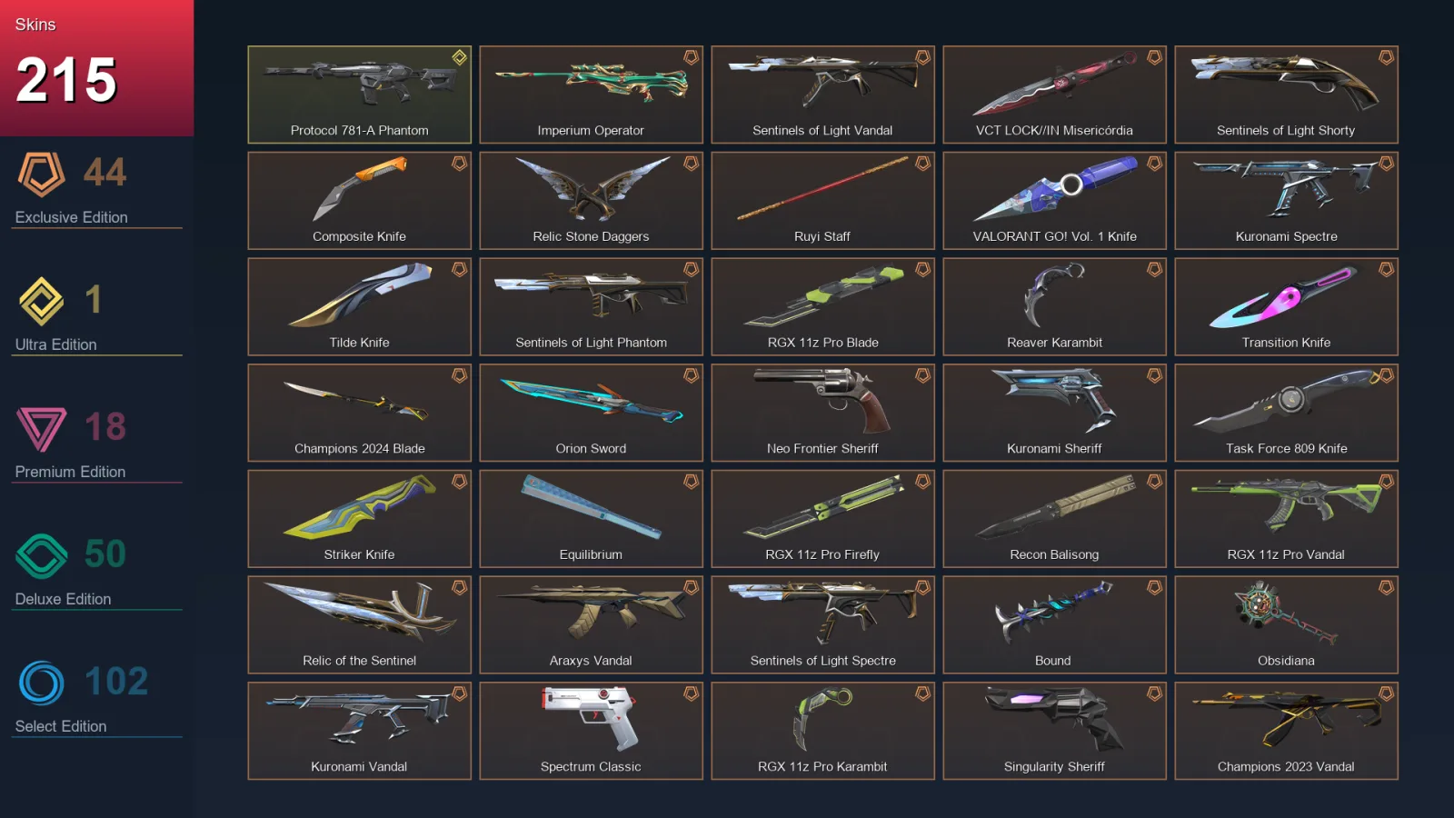AP | Lv249 | Unranked | 215 Skin | 27 Agent | 164 Buddy