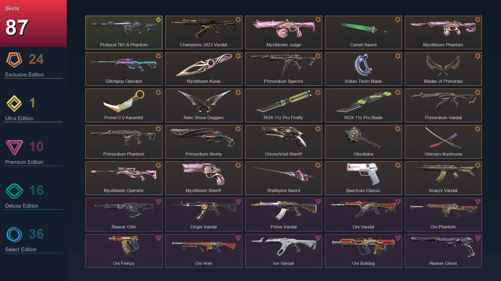 NA | Lv181 | Unranked | 87 Skin | 24 Agent | 87 Buddy