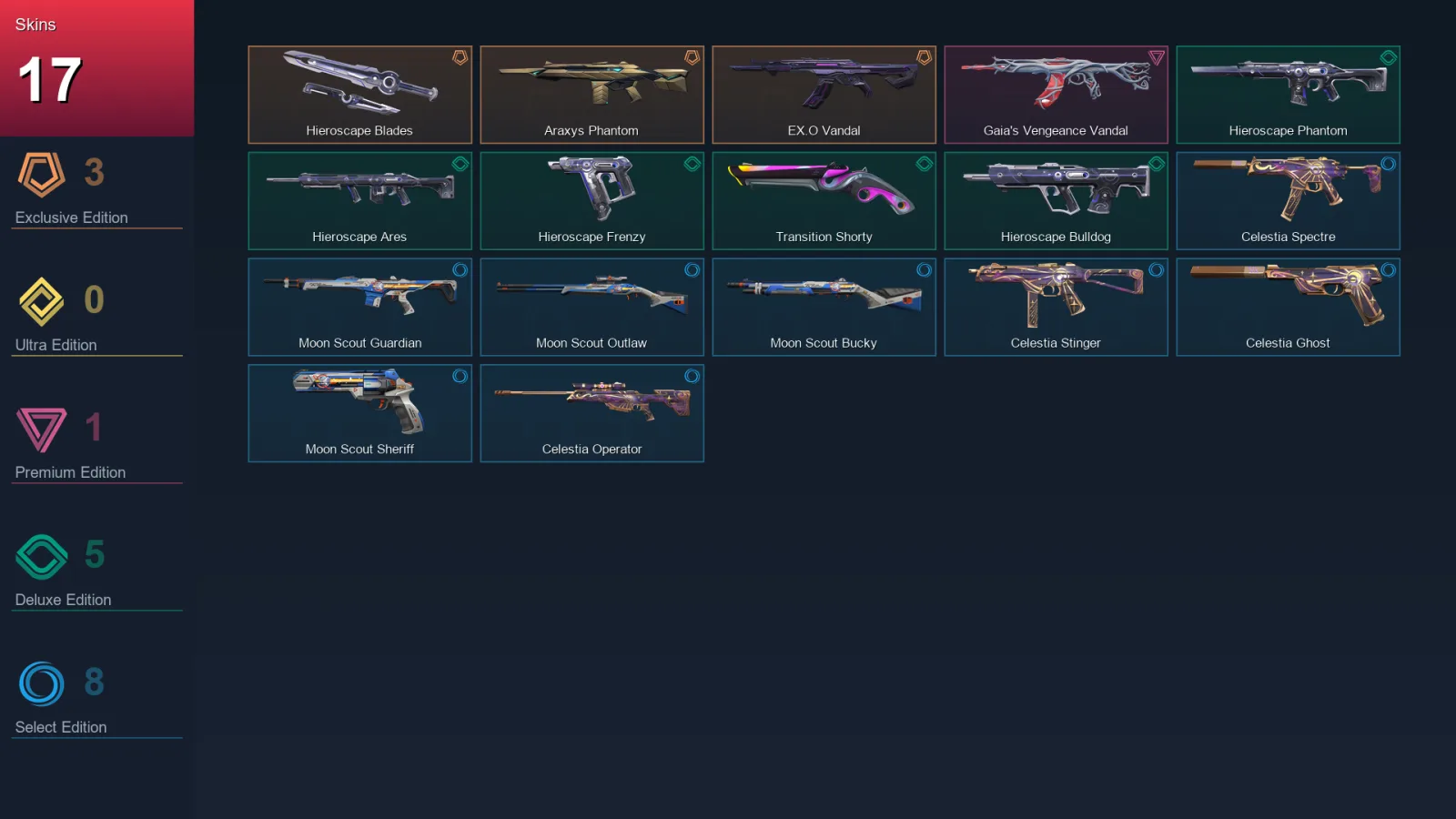 EU | Hieroscape Blades | Araxys Phantom | EX.O Vandal | Gaia's Vengeance Vandal | 17 Skin | 26 Agent | 37 Buddy | Lv83