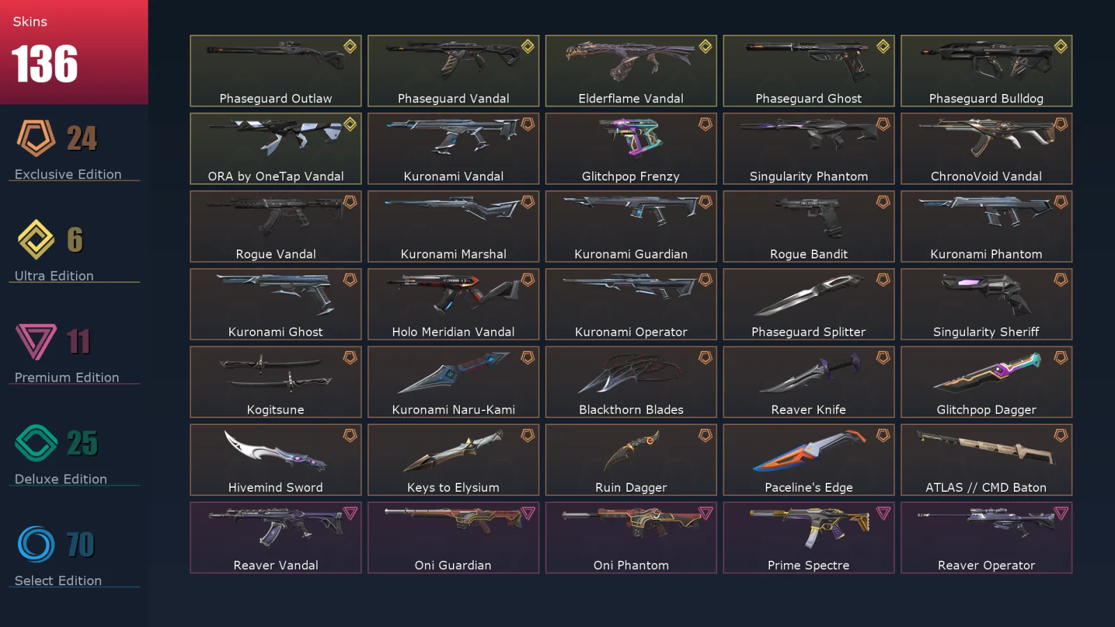 [Valorant] | EU | Level 416 | Diamond 3 | 29 Agents | 136 Skins