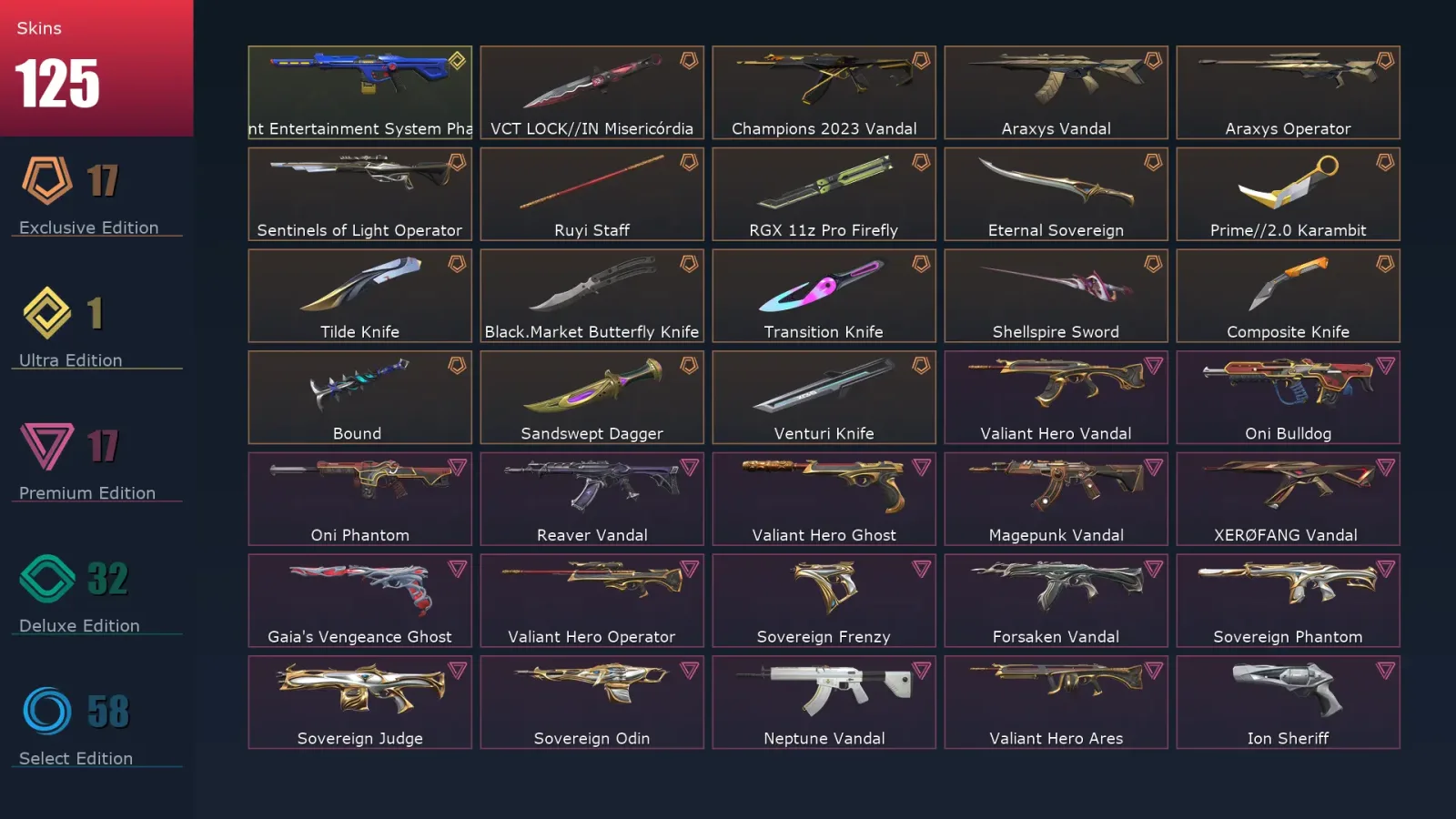 [Valorant] | EU | Level 301 | Diamond 2 | 29 Agents | 125 Skins