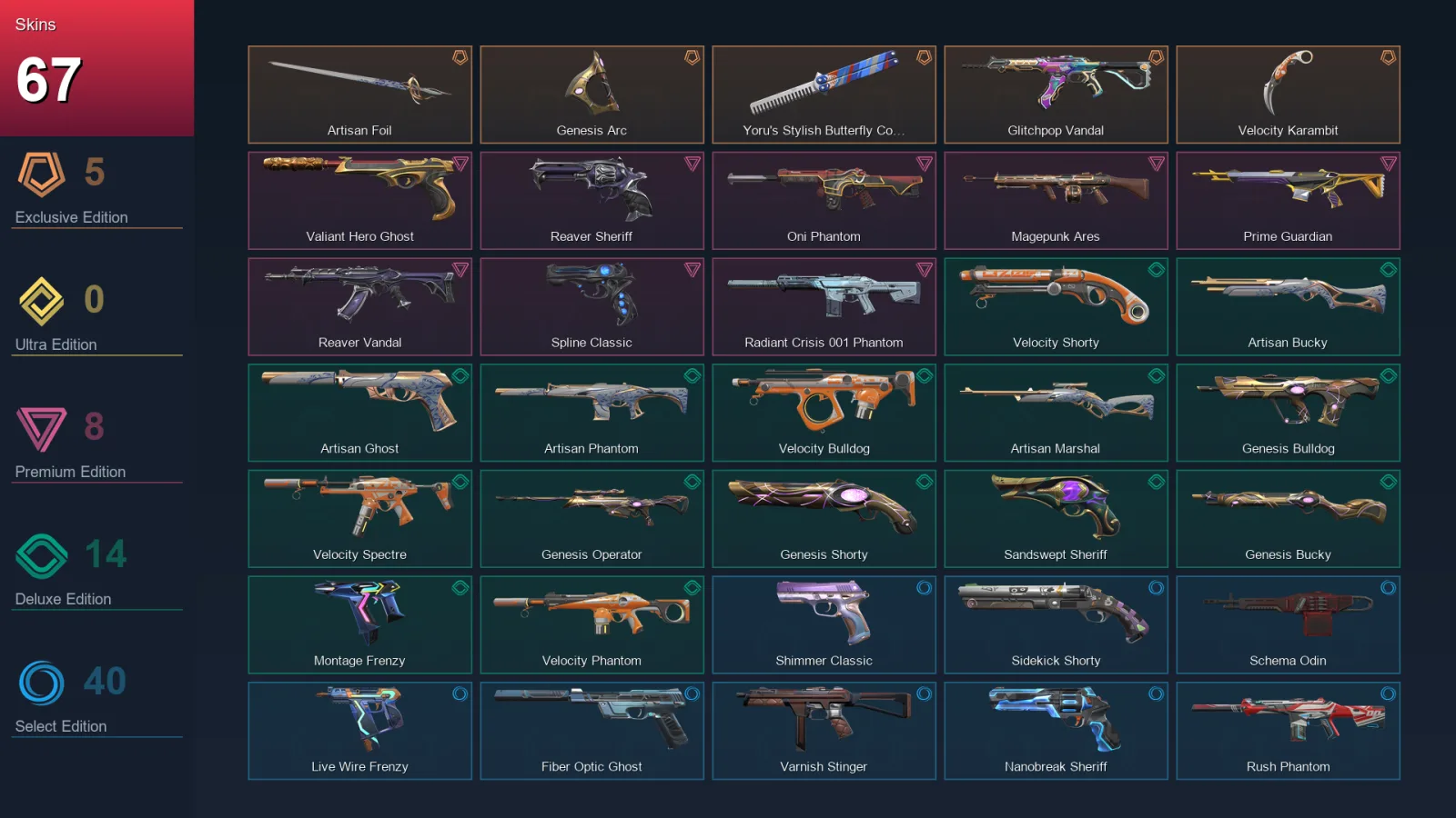 EU | Artisan Foil | Genesis Arc | Yoru's Stylish Butterfly Comb | Glitchpop Vandal | 67 Skin | 27 Agent | 139 Buddy | Lv305