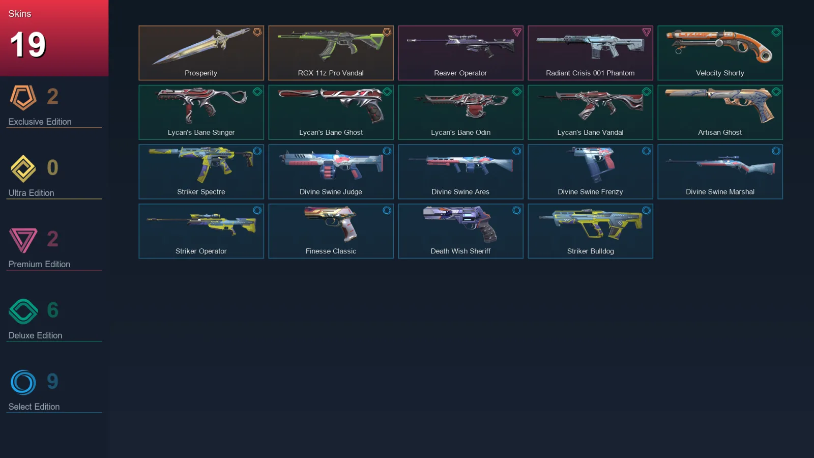 AP | Prosperity | RGX 11z Pro Vandal | Reaver Operator | Radiant Crisis 001 Phantom | 19 Skin | 28 Agent | 83 Buddy | Lv149