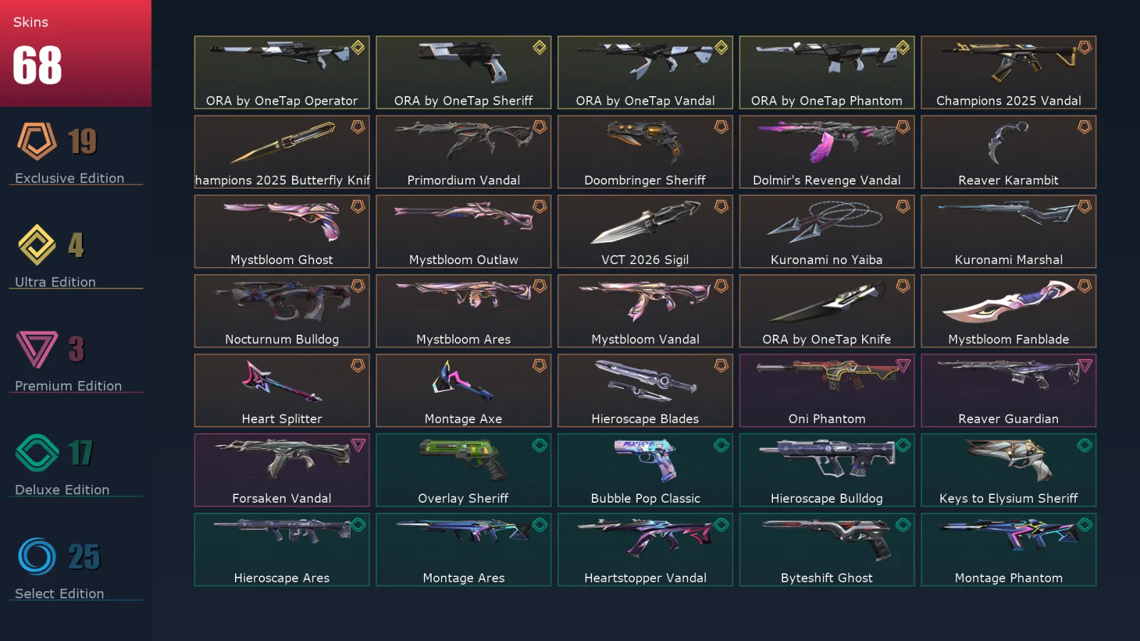 [Valorant] | EU | Level 248 | Platinum 2 | 29 Agents | 68 Skins