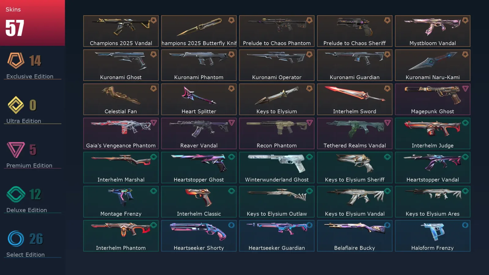 [Valorant] | EU | Level 92 | Gold 2 | 21 Agents | 57 Skins — Prelude To Chaos Sheriff