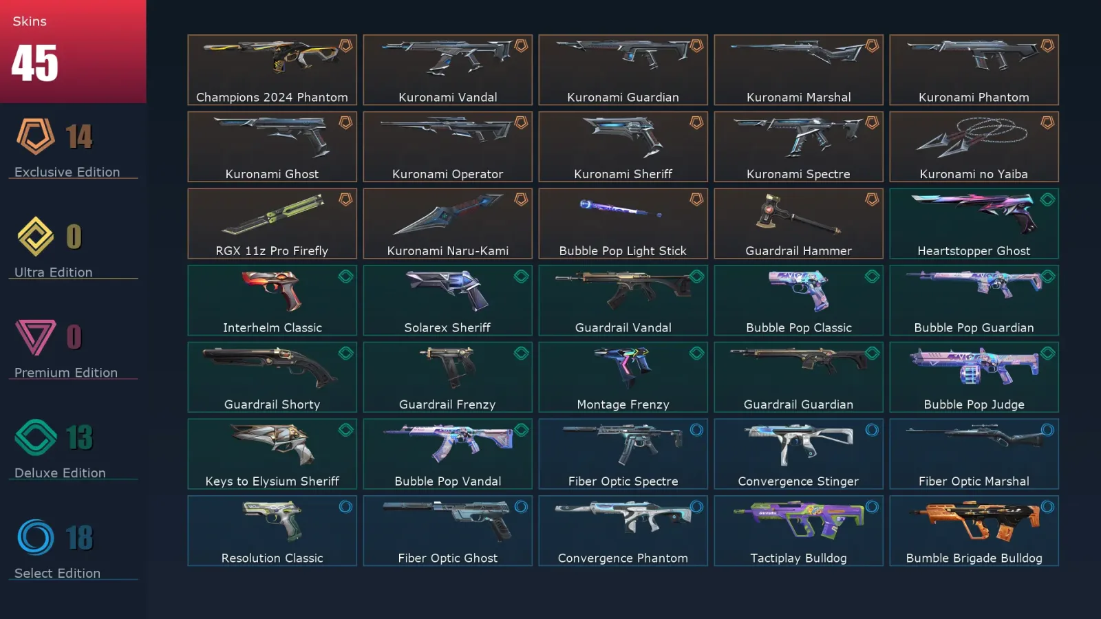 [Valorant] | EU | Level 184 | Platinum 2 | 29 Agents | 45 Skins