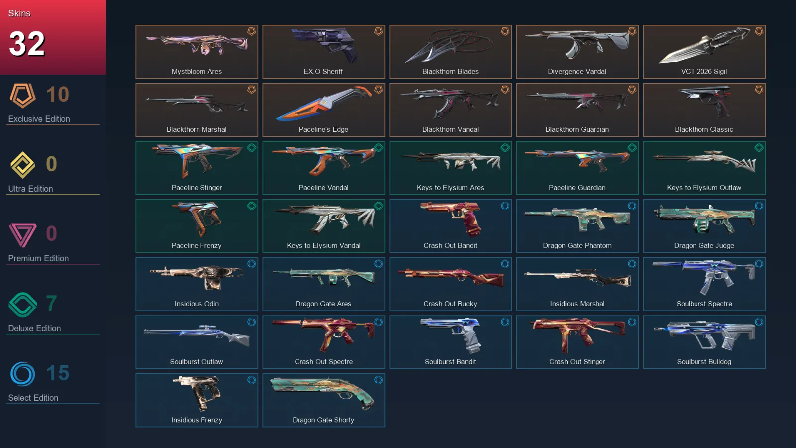 AP | Lv39 | Unranked | 32 Skin | 13 Agent | 24 Buddy
