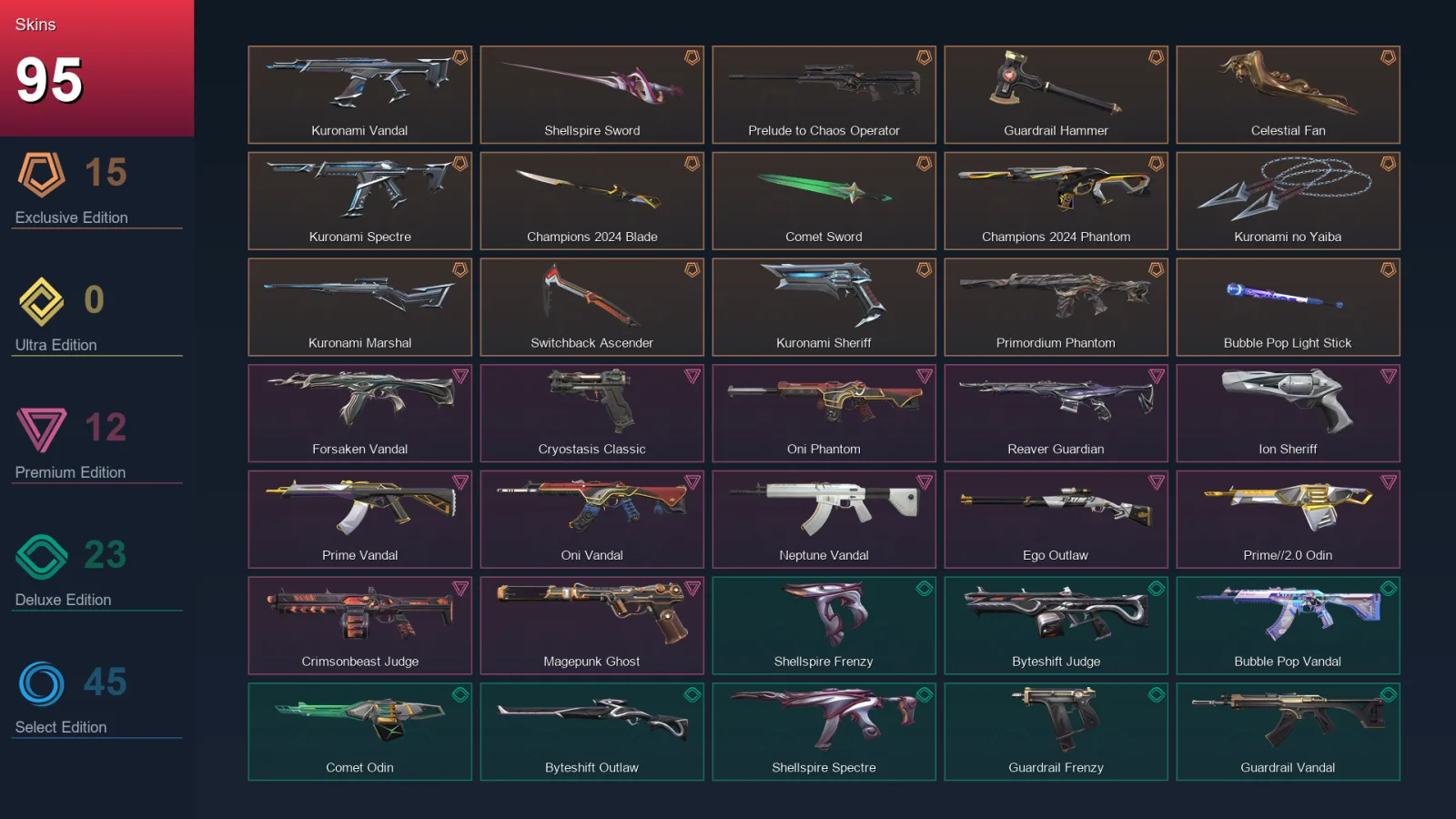 EU | Lv207 | Unranked | 95 Skin | 26 Agent | 85 Buddy — Unranked / Smurf Valorant