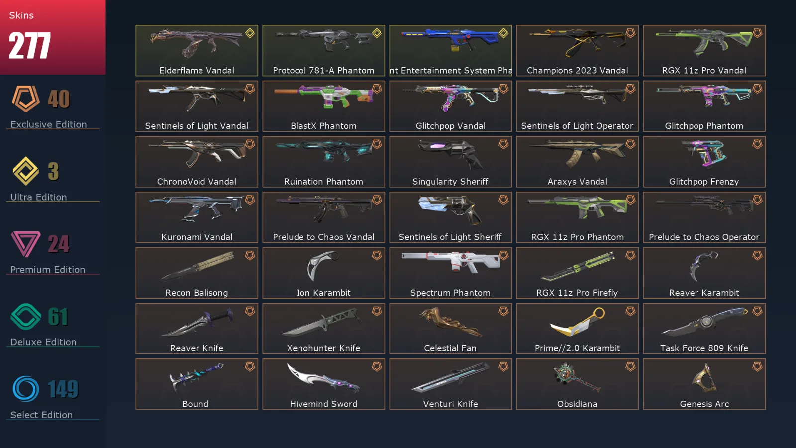 [Valorant] | EU | Level 500 | 25 Agents | 277 Skins