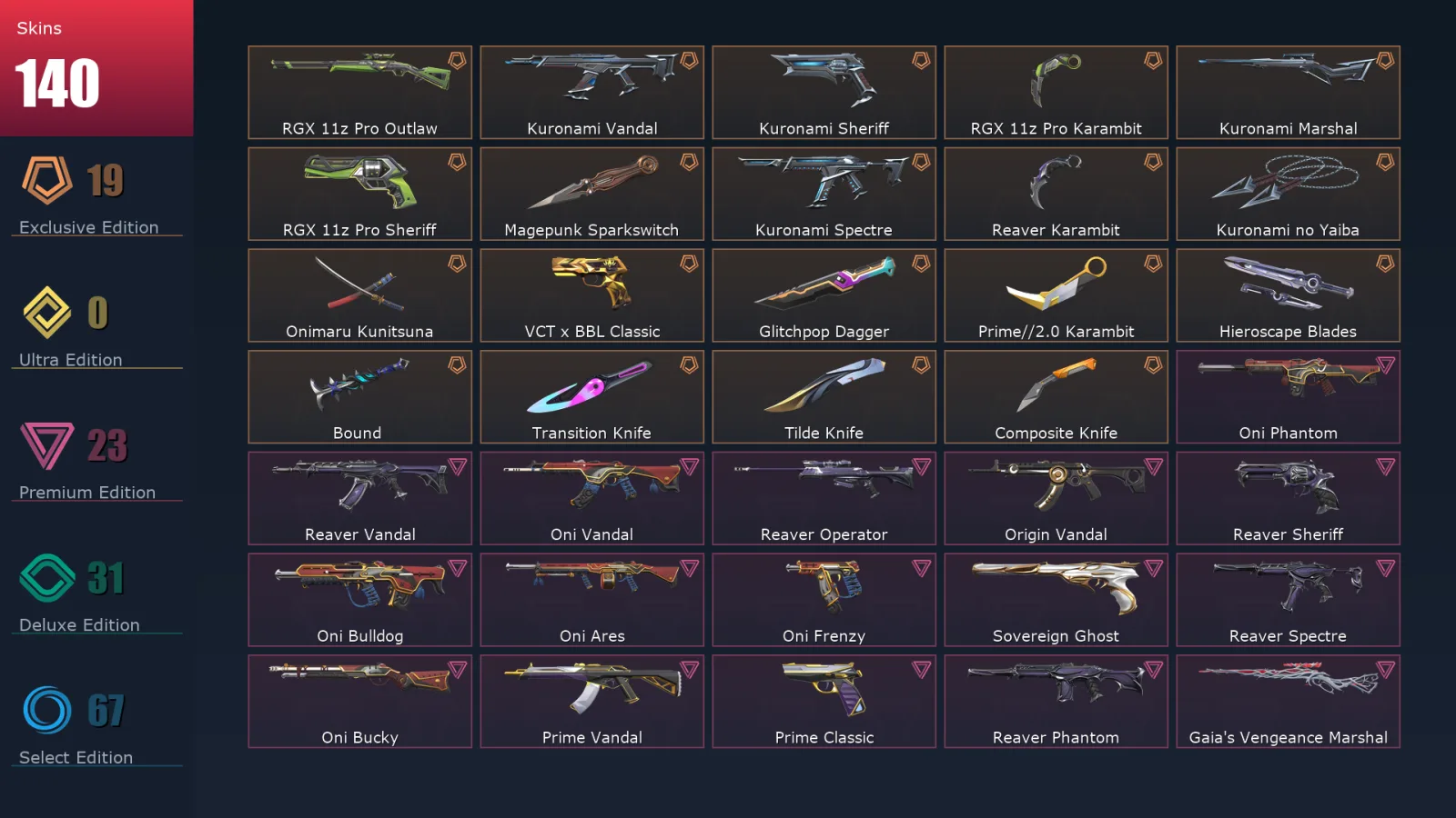 [Valorant] | EU | Level 191 | 29 Agents | 140 Skins