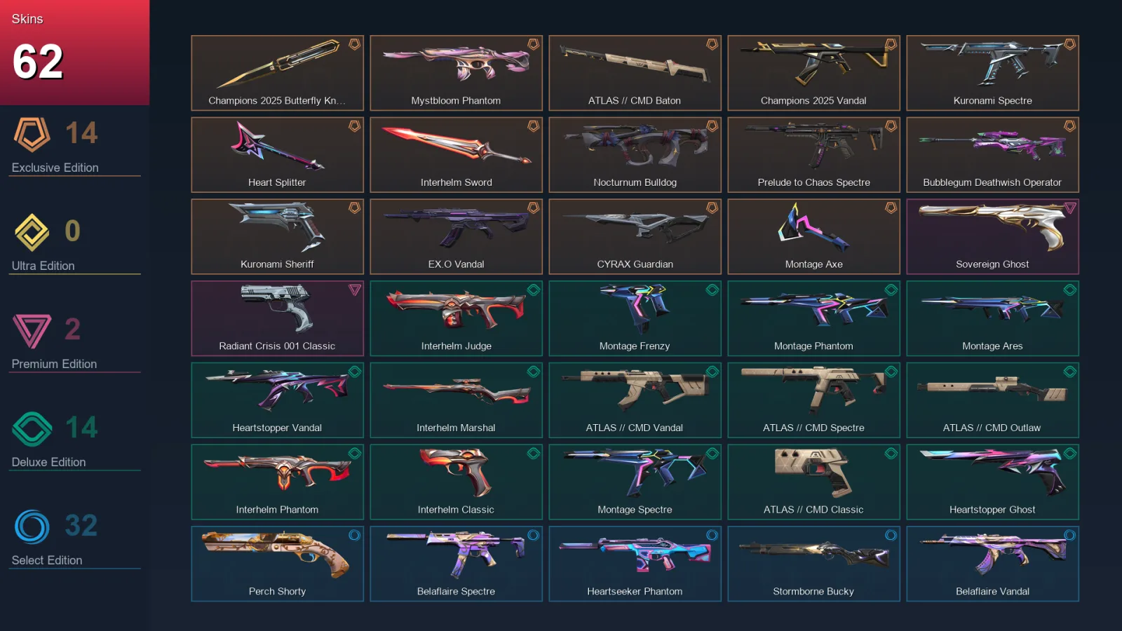 EU | Champions 2025 Butterfly Knife | Mystbloom Phantom | ATLAS // CMD Baton | Champions 2025 Vandal | 62 Skin | 29 Agent | 54 Buddy | Lv142