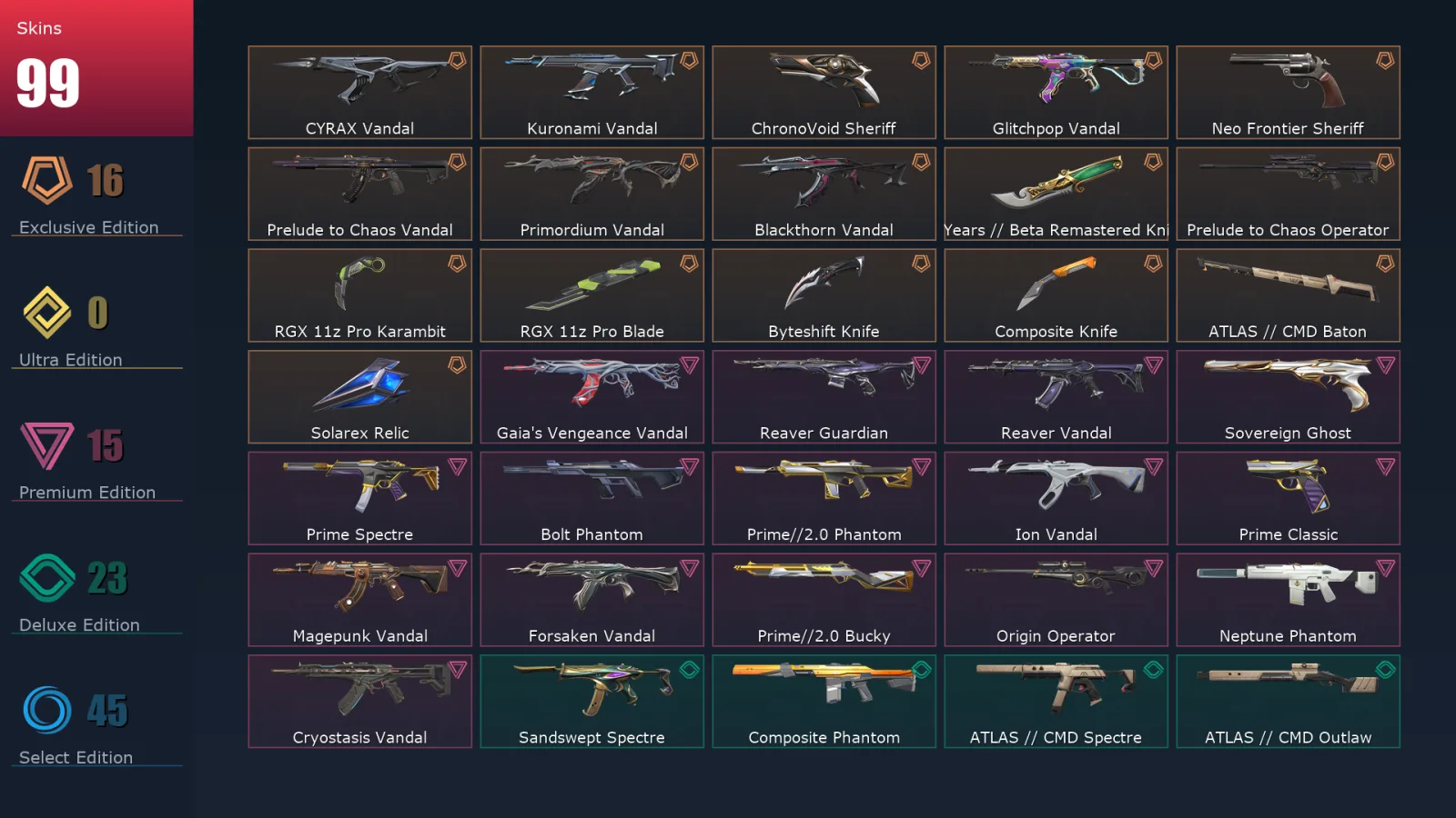 [Valorant] | EU | Level 374 | Platinum 1 | 29 Agents | 99 Skins