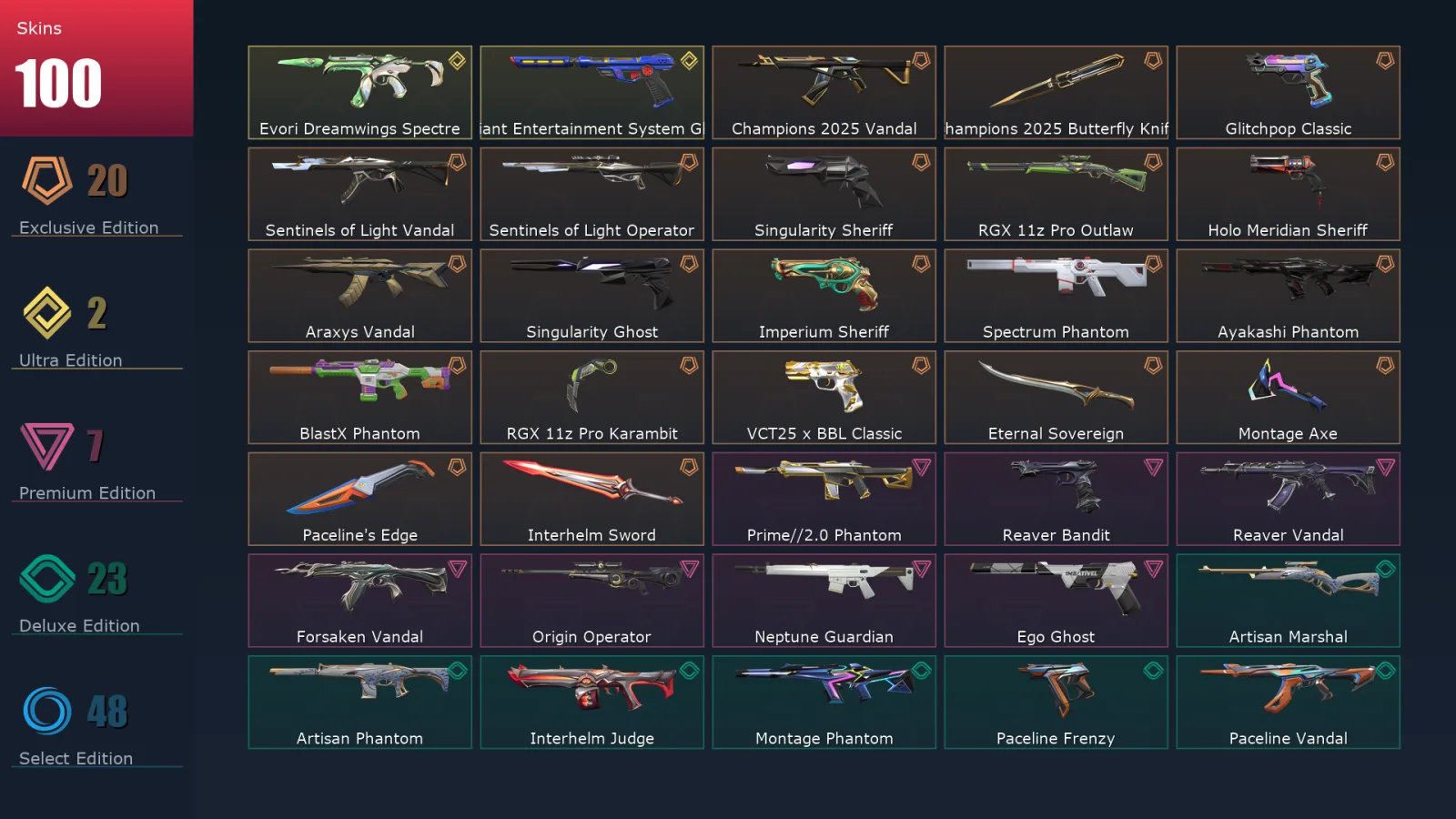 [Valorant] | EU | Level 189 | Silver 3 | 29 Agents | 100 Skins