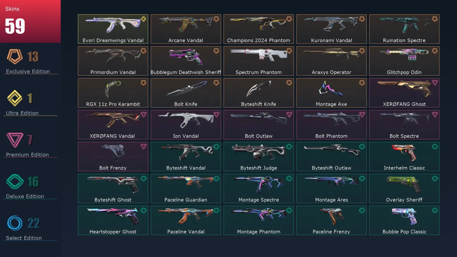 [Valorant] | EU | Level 151 | 27 Agents | 59 Skins