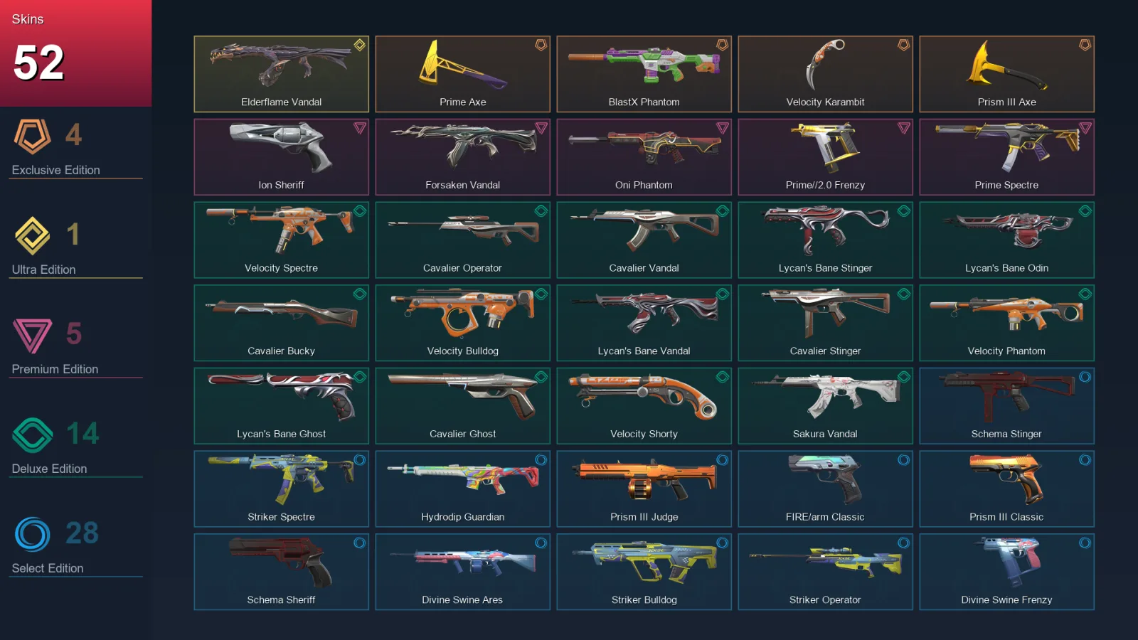 EU | Lv97 | Unranked | 52 Skin | 17 Agent | 60 Buddy — Velocity Shorty