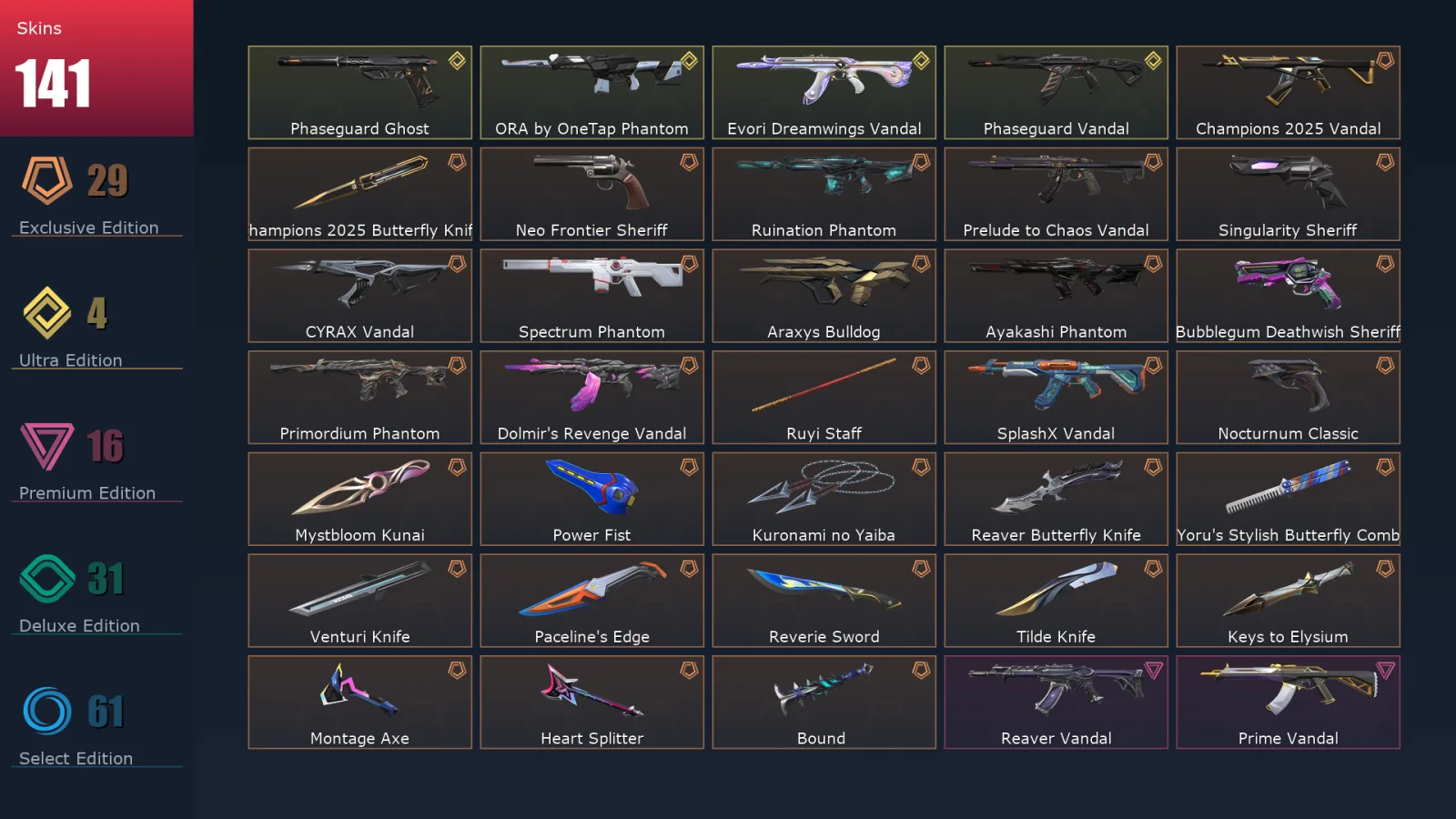 [Valorant] | EU | Level 290 | Platinum 3 | 29 Agents | 141 Skins