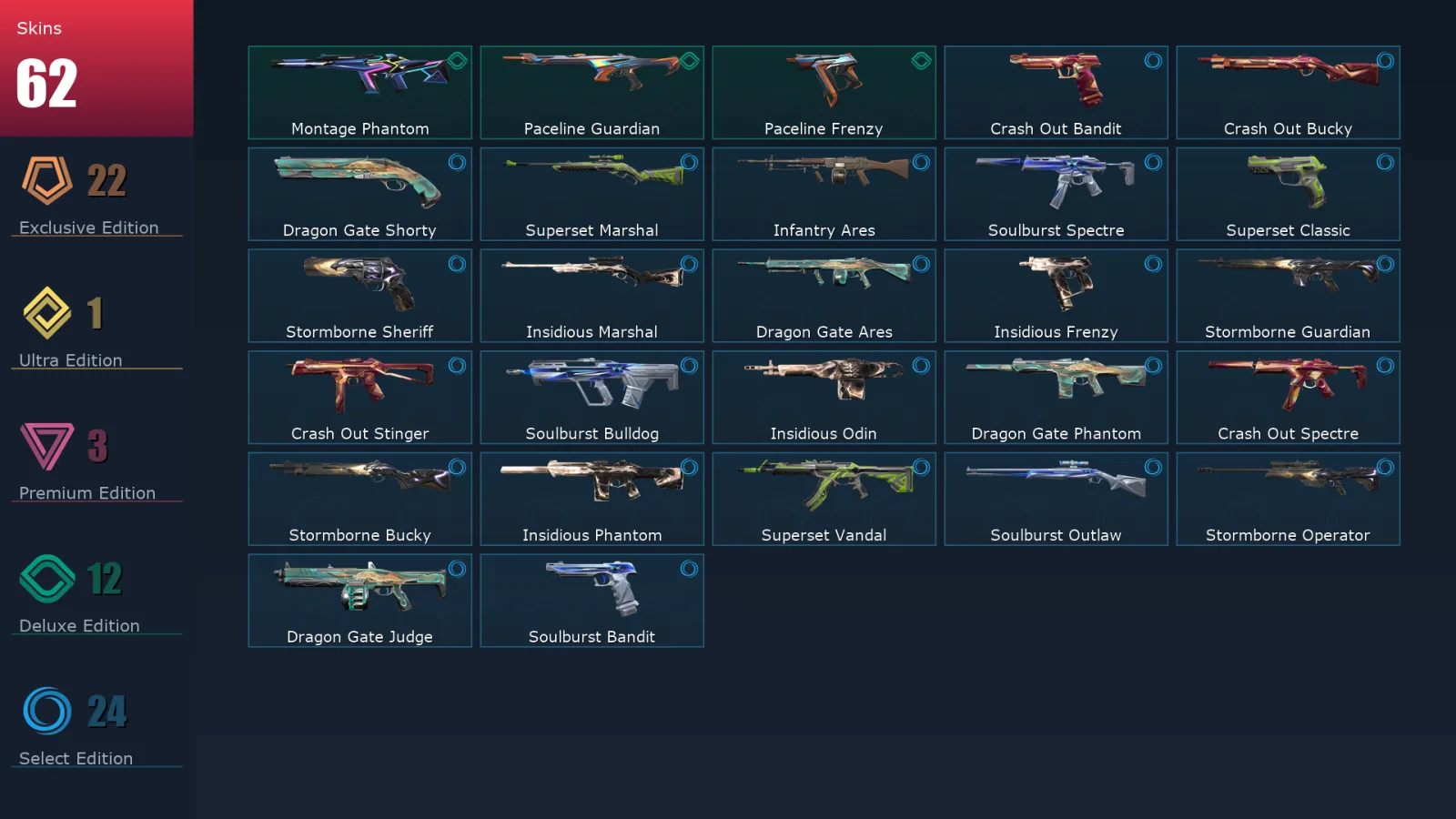 [Valorant] | EU | Level 58 | Platinum 1 | 19 Agents | 62 Skins