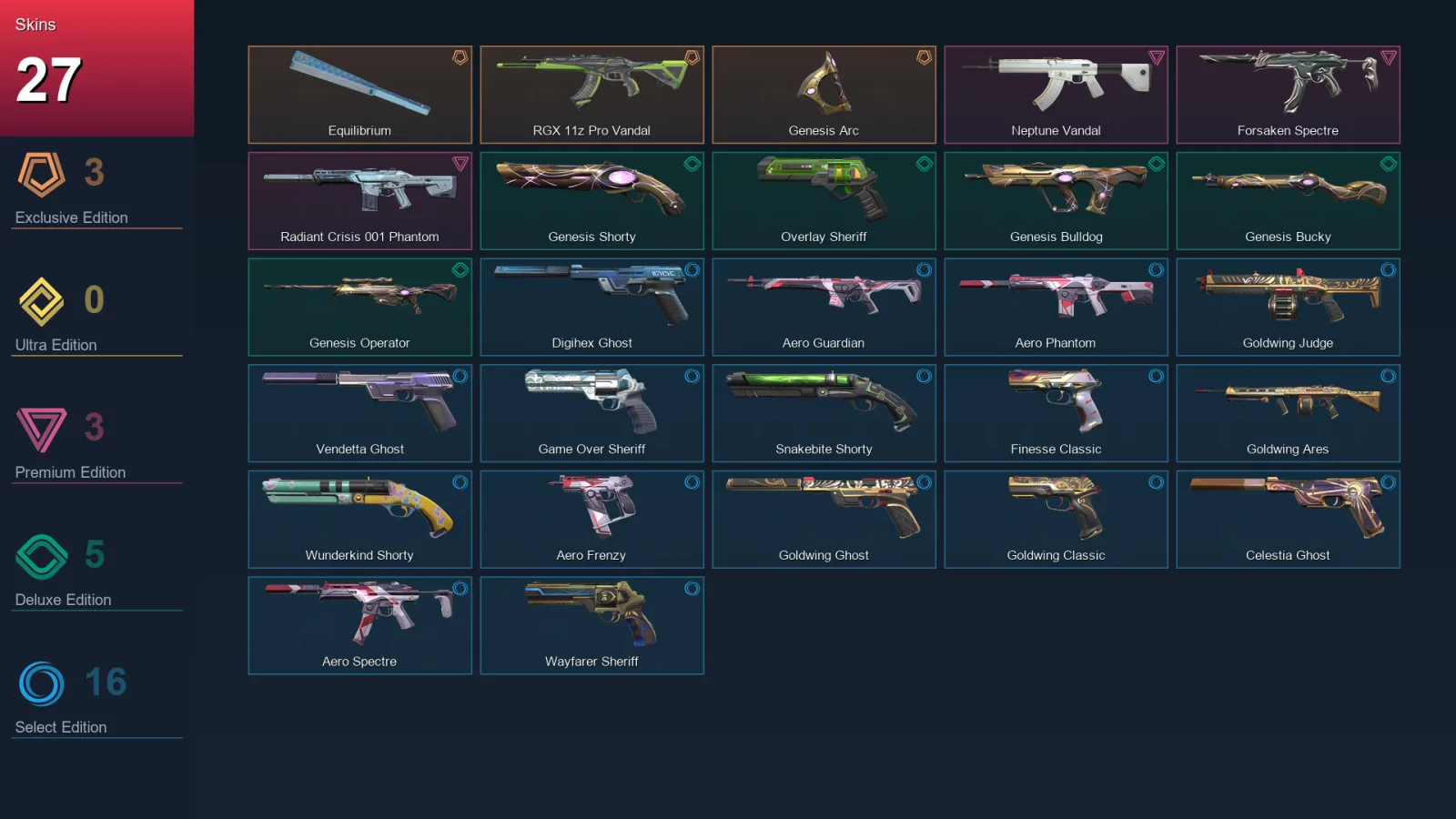 AP | Lv214 | Unranked | 27 Skin | 27 Agent | 74 Buddy — Equilibrium