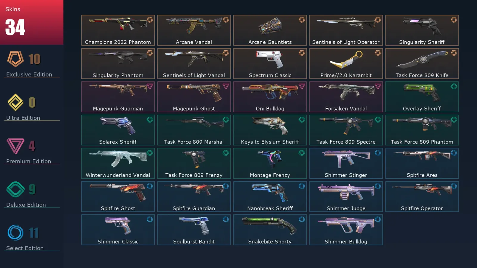 [Valorant] | EU | Level 213 | Platinum 2 | 29 Agents | 34 Skins