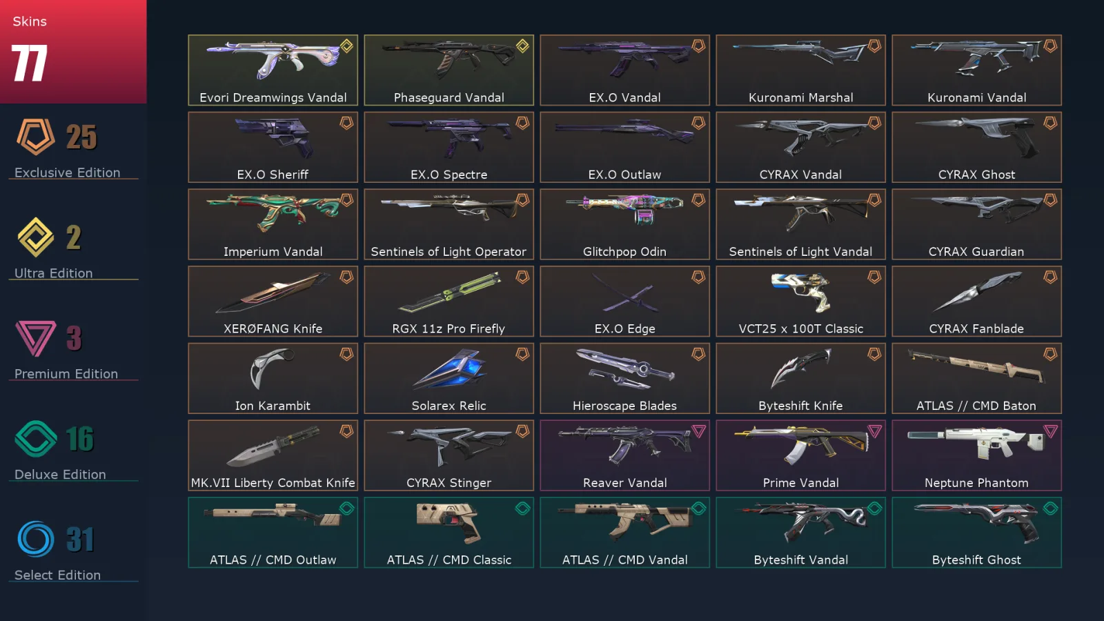 [Valorant] | EU | Level 100 | 29 Agents | 77 Skins