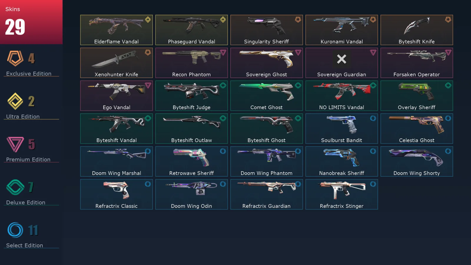 [Valorant] | EU | Level 195 | Platinum 1 | 29 Agents | 29 Skins