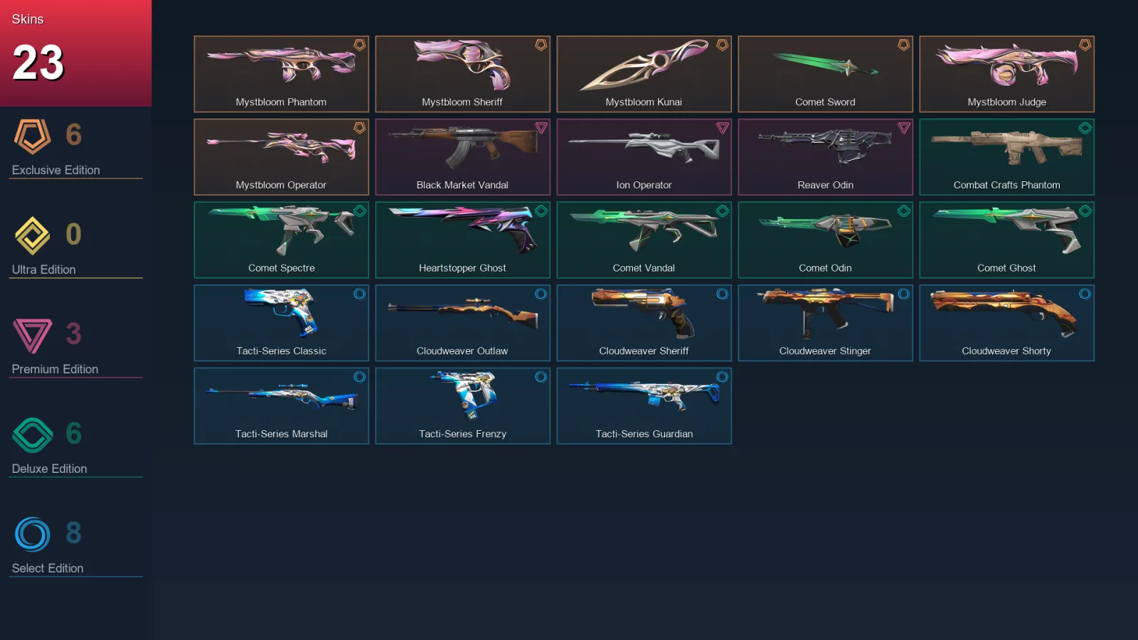 AP | Mystbloom Phantom | Mystbloom Sheriff | Mystbloom Kunai | Comet Sword | 23 Skin | 20 Agent | 34 Buddy | Lv63