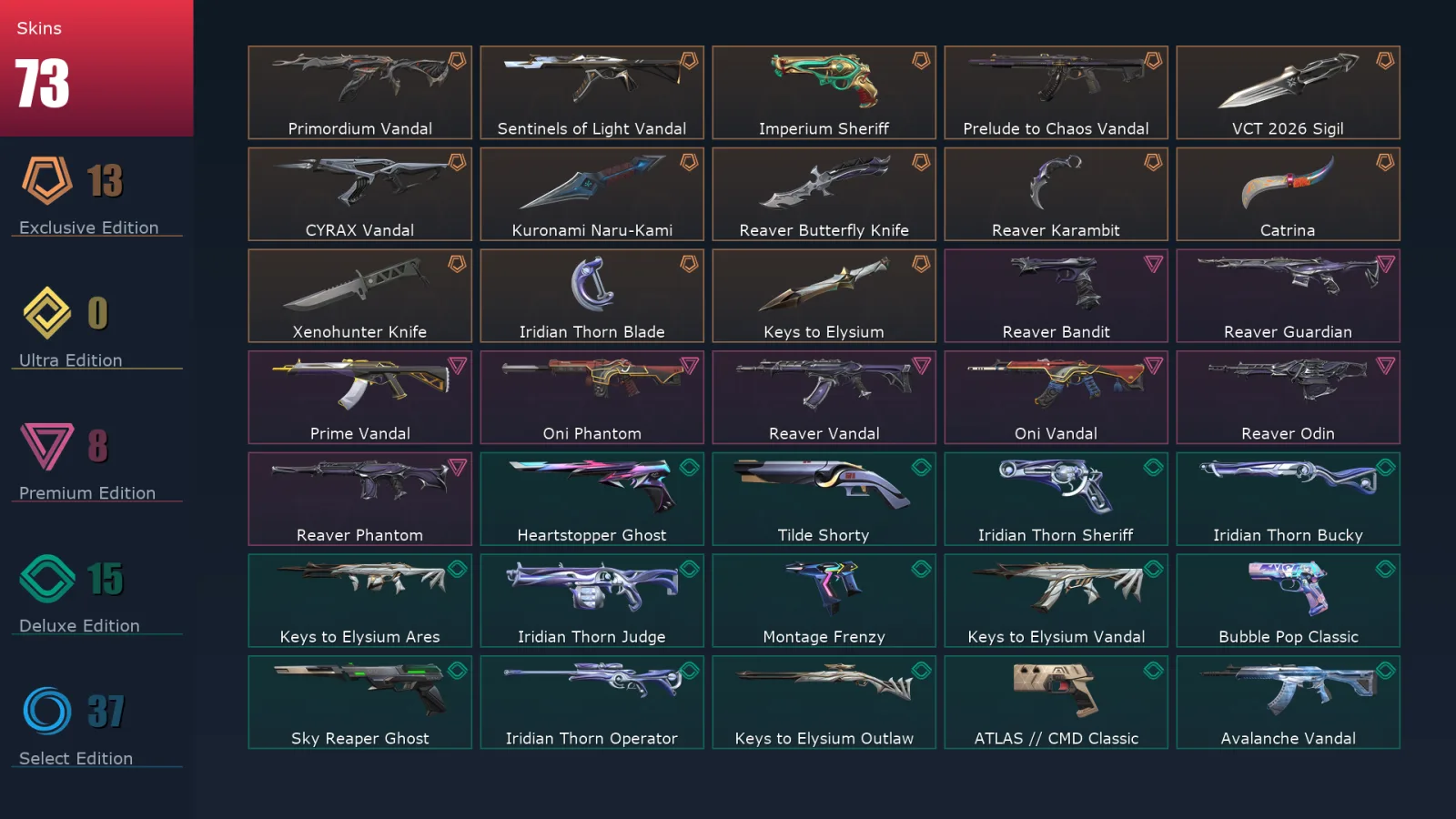 [Valorant] | EU | Level 490 | Platinum 2 | 29 Agents | 73 Skins
