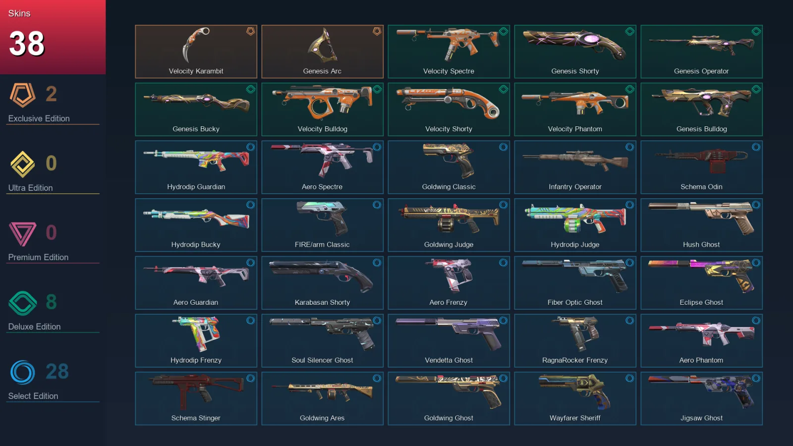 AP | Velocity Karambit | Genesis Arc | Velocity Spectre | Genesis Shorty | 38 Skin | 28 Agent | 105 Buddy | Lv189