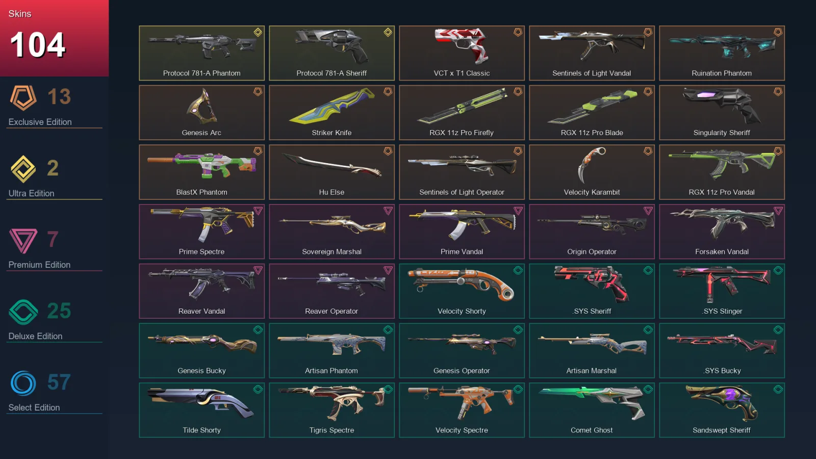 NA | VCT x T1 Classic | Sentinels of Light Vandal | Ruination Phantom | Genesis Arc | 104 Skin | 26 Agent | 137 Buddy | Lv293