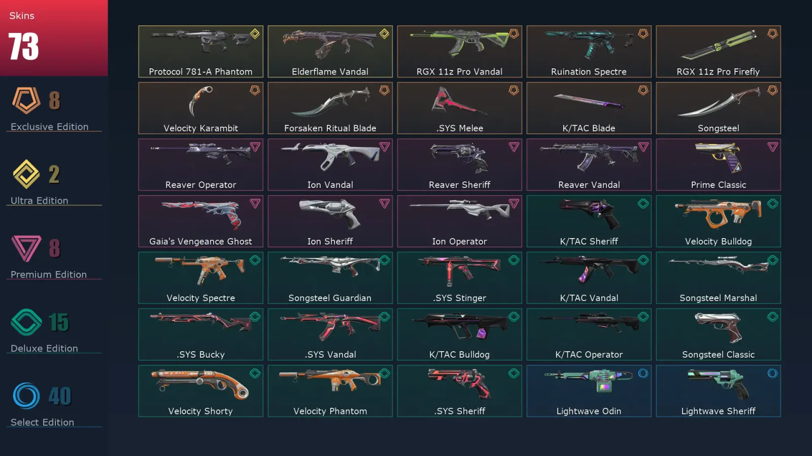 [Valorant] | EU | Level 1 | Immortal 2 | 28 Agents | 73 Skins