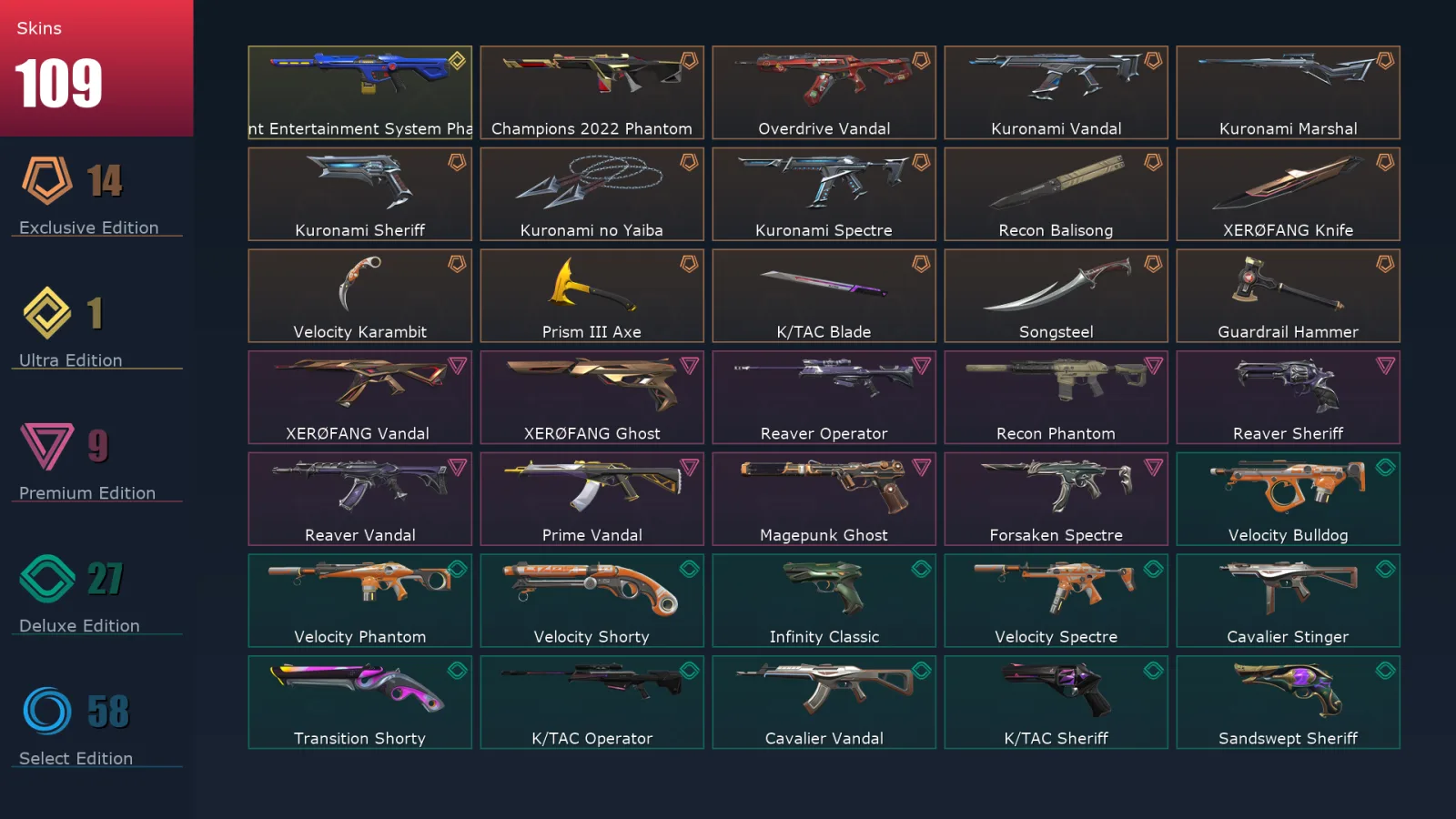 [Valorant] | EU | Level 423 | 28 Agents | 109 Skins