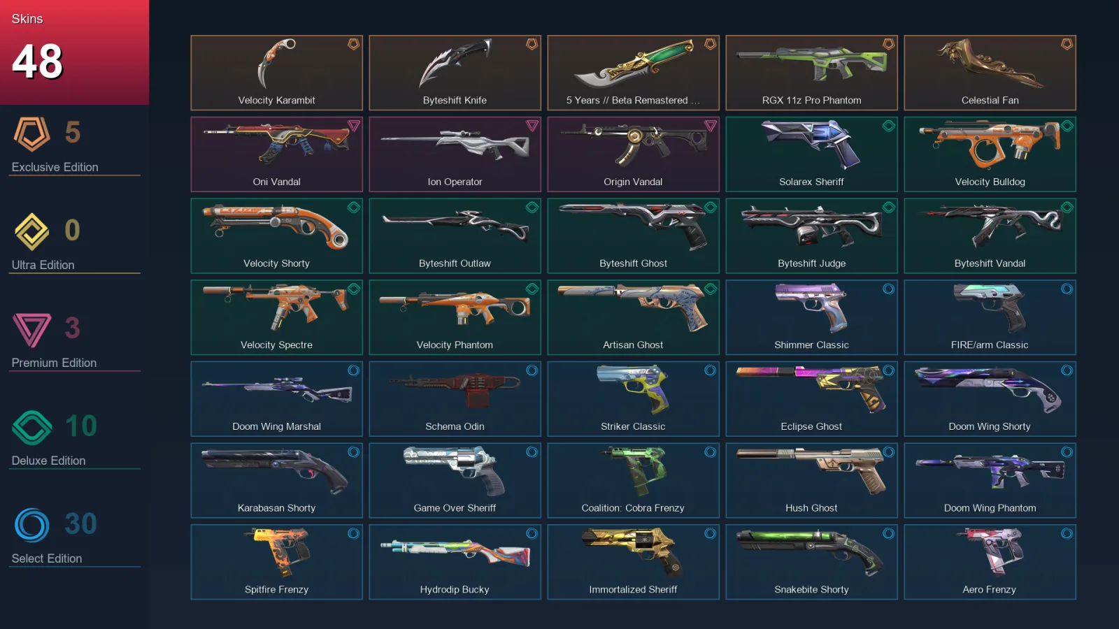 EU | Velocity Karambit | Byteshift Knife | 5 Years // Beta Remastered Knife | RGX 11z Pro Phantom | 48 Skin | 28 Agent | 86 Buddy | Lv202