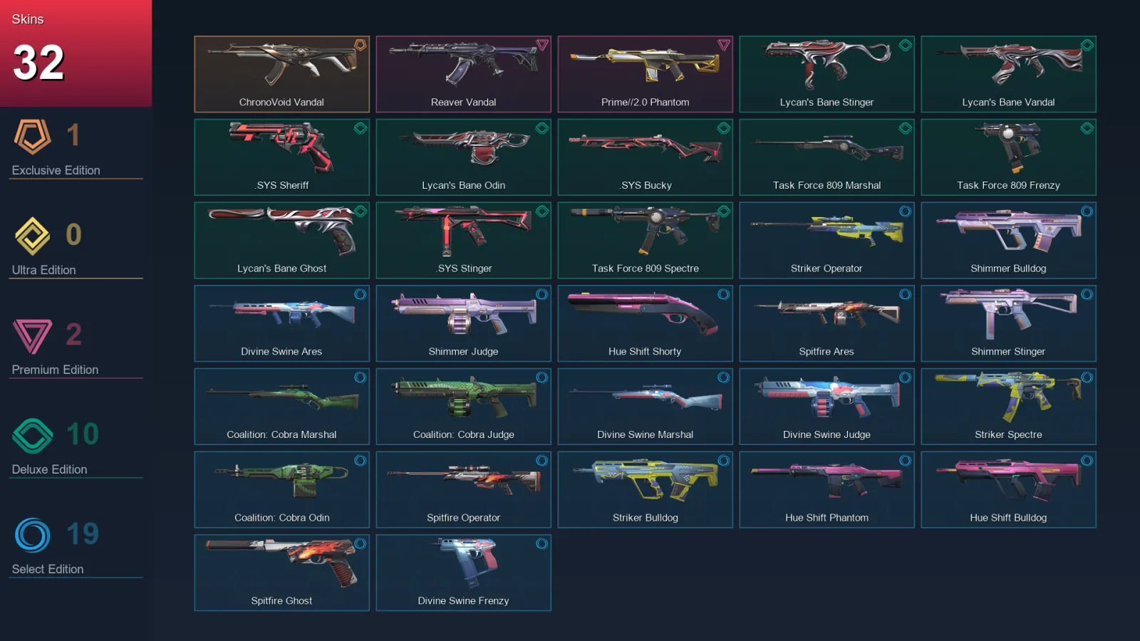EU | Lv55 | Unranked | 32 Skin | 29 Agent | 44 Buddy — Hue Shift Shorty