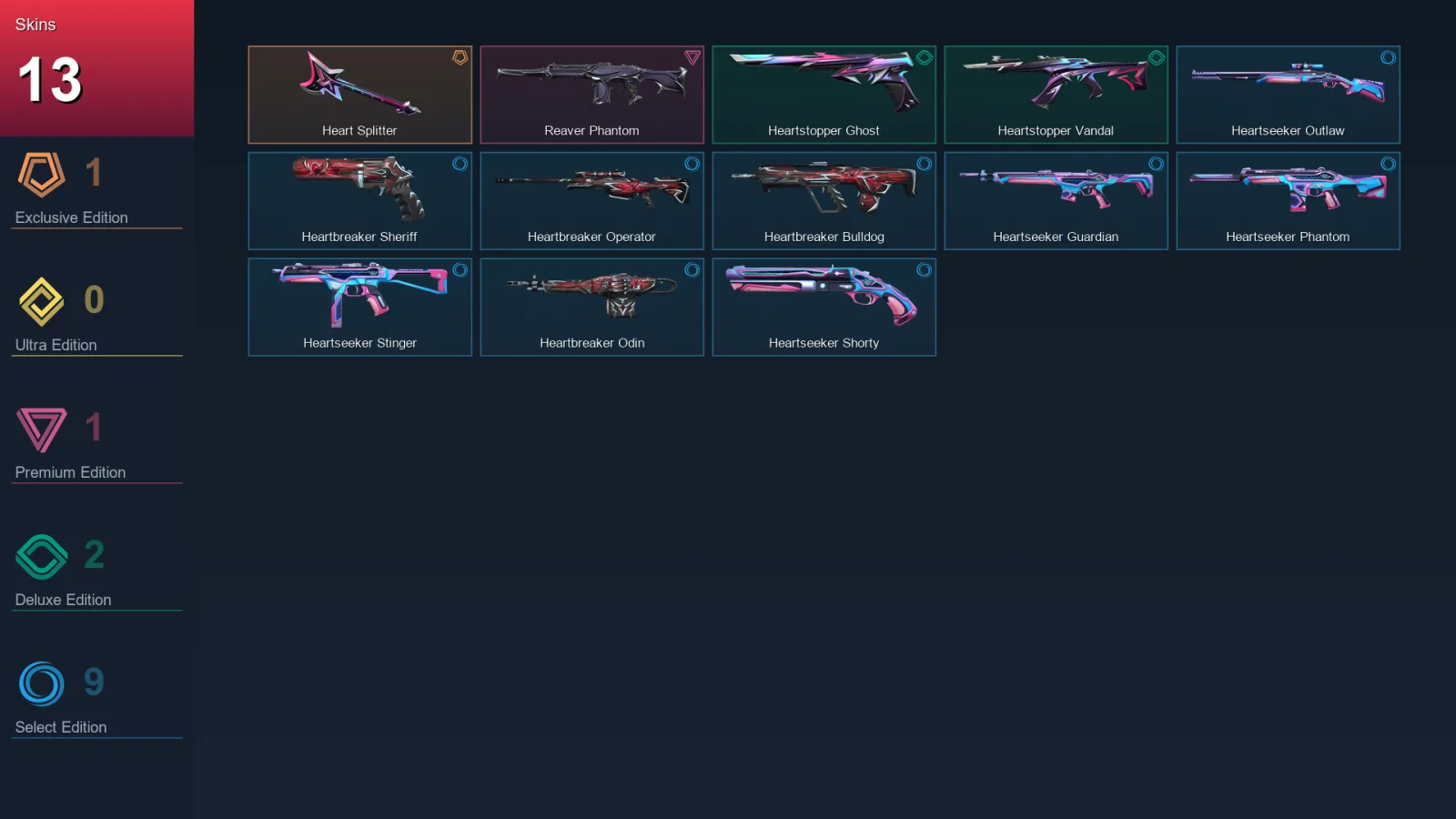 NA | Heart Splitter | Reaver Phantom | Heartstopper Ghost | Heartstopper Vandal | 13 Skin | 10 Agent | 16 Buddy | Lv32