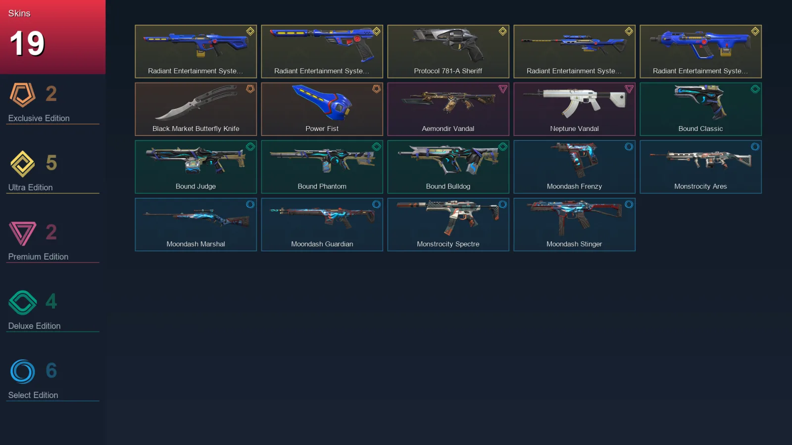 BR | Black.Market Butterfly Knife | Power Fist | Radiant Entertainment System Phantom | 19 Skin | 22 Agent | 41 Buddy | Lv58
