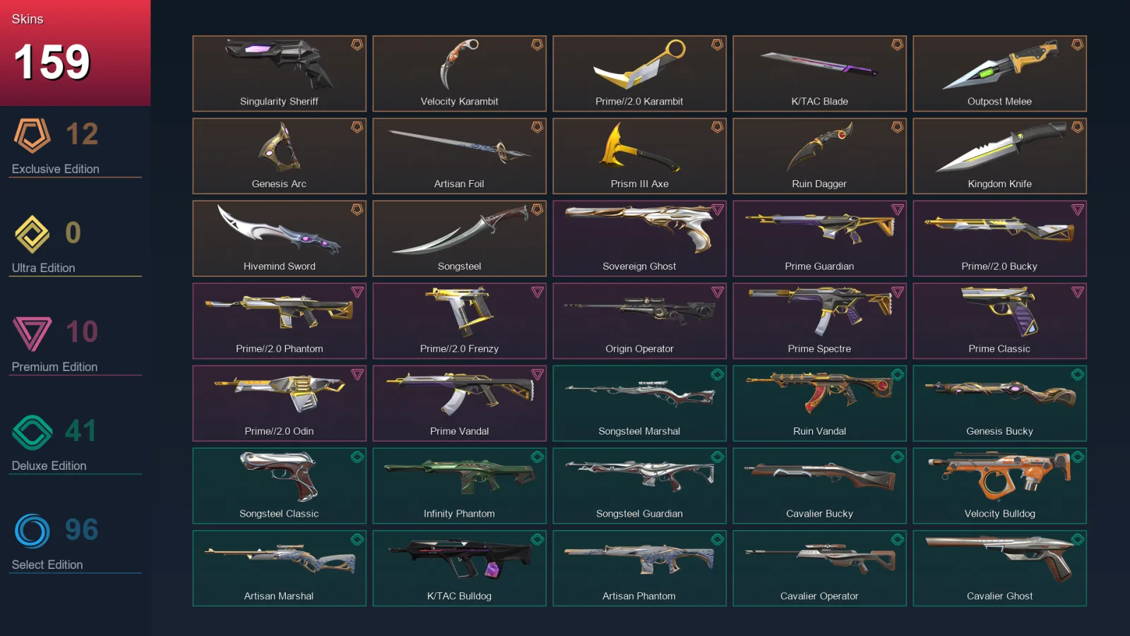 NA | Singularity Sheriff | Velocity Karambit | Prime//2.0 Karambit | K/TAC Blade | 159 Skin | 26 Agent | 150 Buddy | Lv256