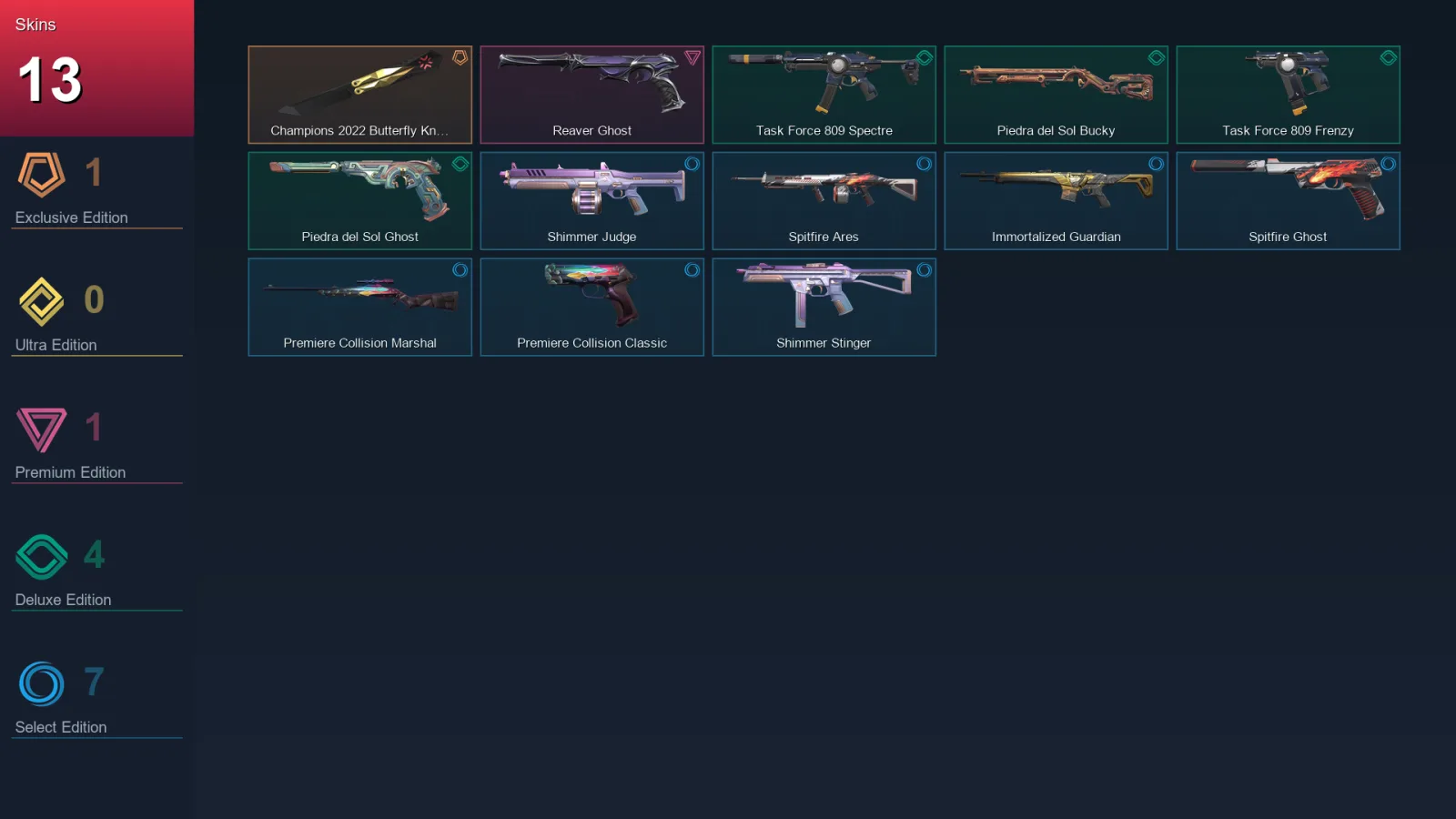 NA | Champions 2022 Butterfly Knife | Reaver Ghost | Task Force 809 Spectre | Piedra del Sol Bucky | 13 Skin | 29 Agent | 12 Buddy | Lv23