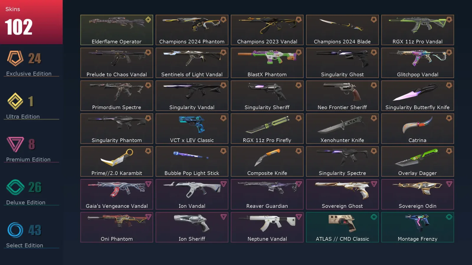 [Valorant] | EU | Level 158 | Silver 1 | 29 Agents | 102 Skins