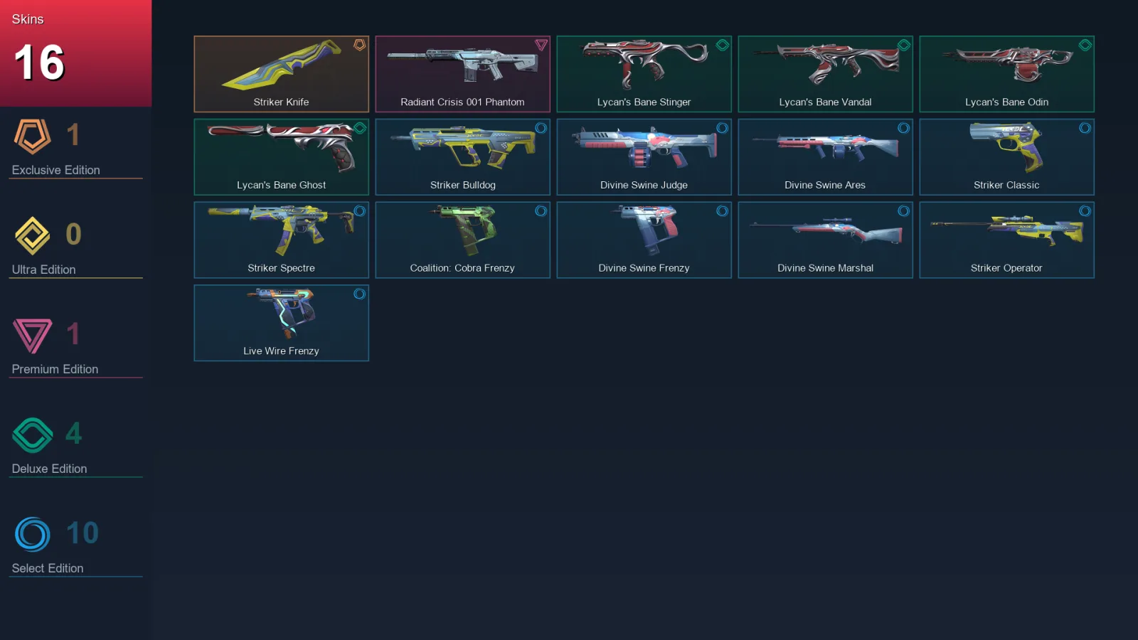 LA | Striker Knife | Radiant Crisis 001 Phantom | Lycan's Bane Stinger | Lycan's Bane Vandal | 16 Skin | 13 Agent | 19 Buddy | Lv50