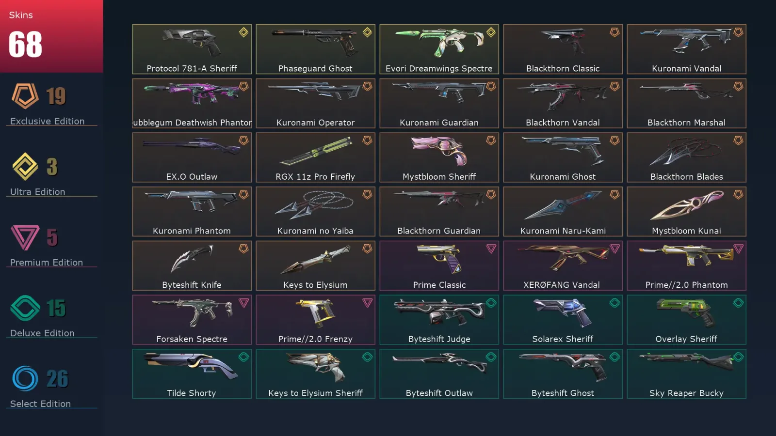 [Valorant] | EU | Level 317 | Platinum 3 | 29 Agents | 68 Skins