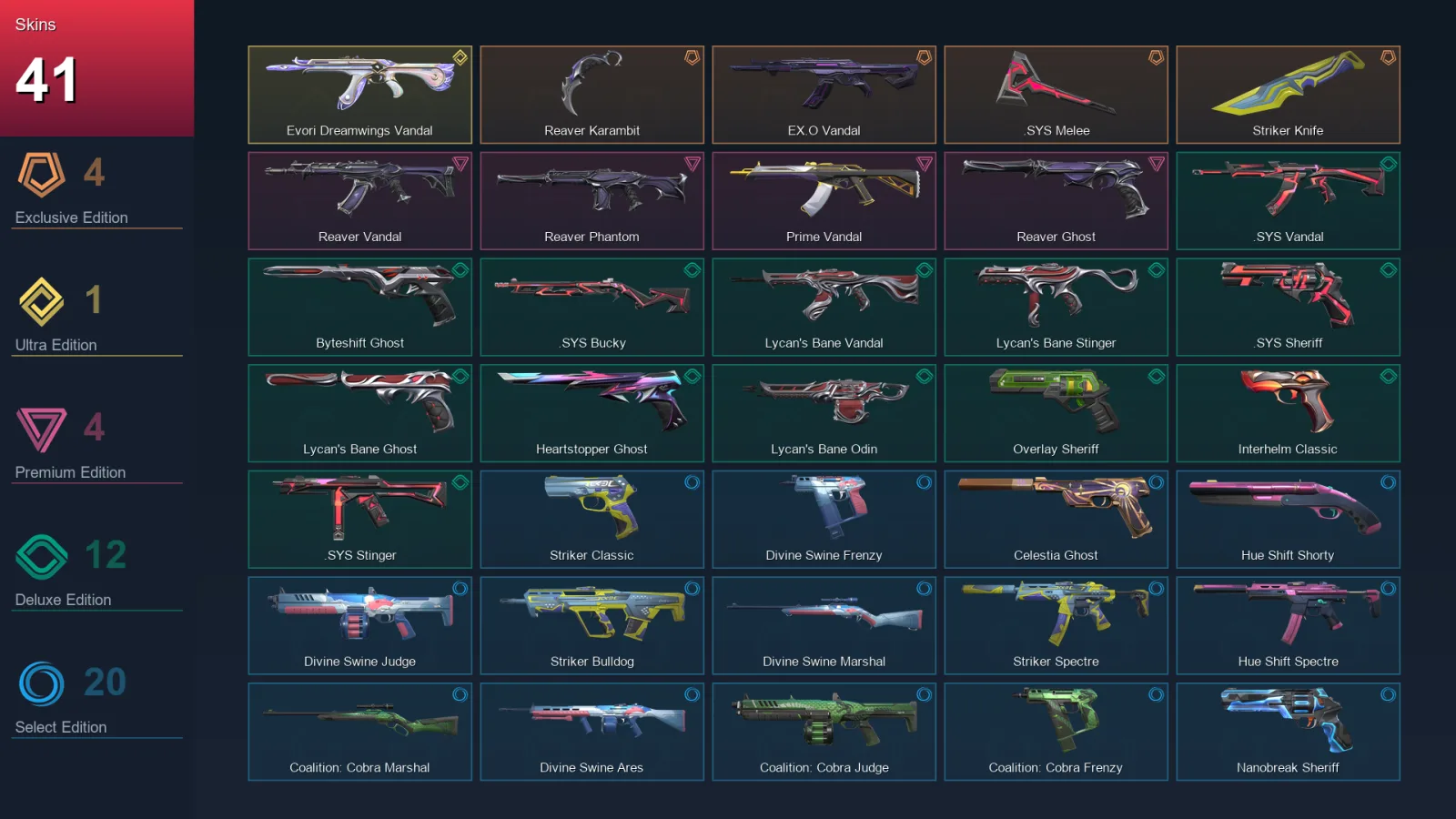 EU | Reaver Karambit | EX.O Vandal | .SYS Melee | Striker Knife | 41 Skin | 28 Agent | 85 Buddy | Lv203