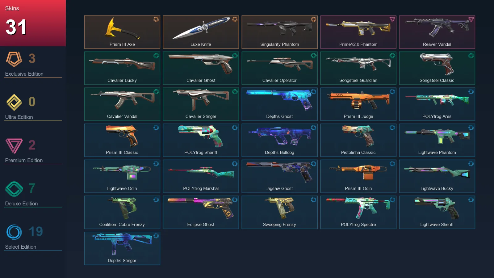 EU | Lv99 | Unranked | 31 Skin | 20 Agent | 56 Buddy