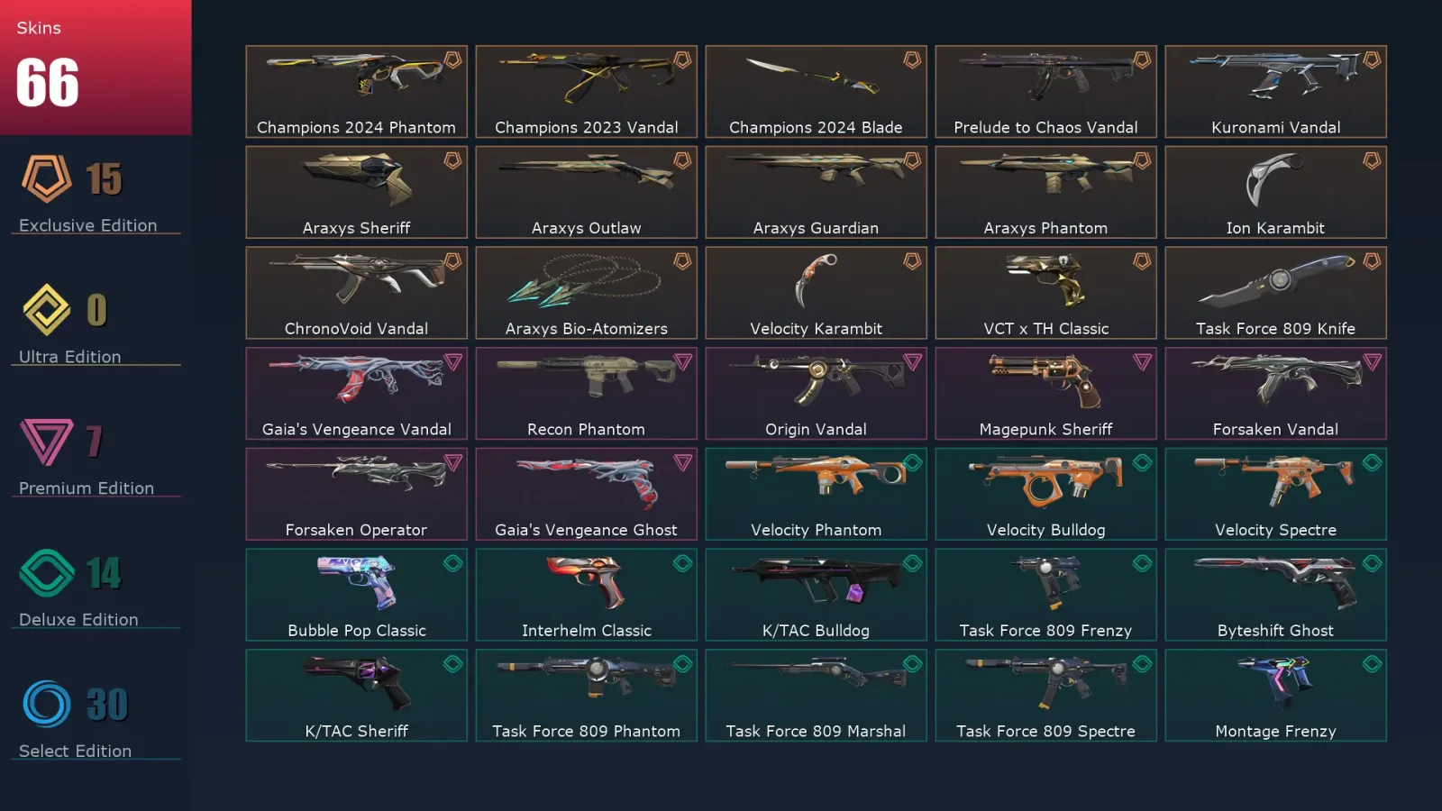 [Valorant] | EU | Level 259 | Platinum 3 | 29 Agents | 66 Skins