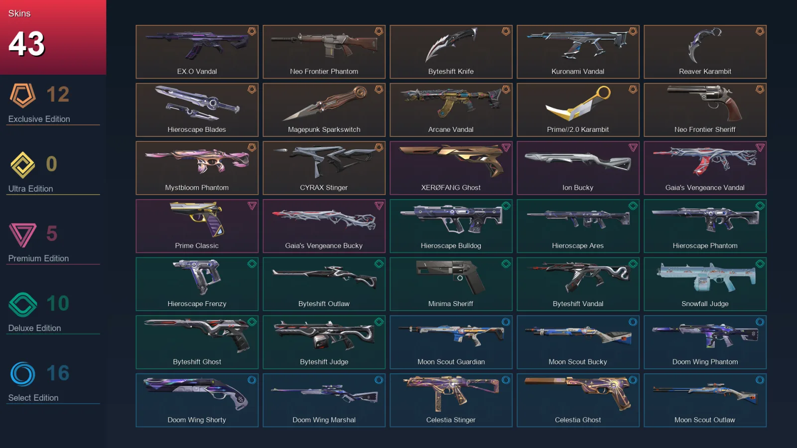 EU | EX.O Vandal | Neo Frontier Phantom | Byteshift Knife | Kuronami Vandal | 43 Skin | 22 Agent | 34 Buddy | Lv68
