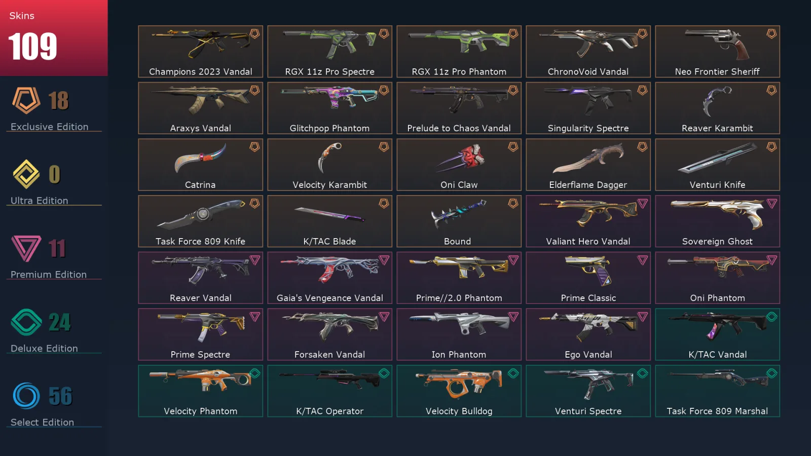 [Valorant] | EU | Level 298 | Gold 2 | 28 Agents | 109 Skins
